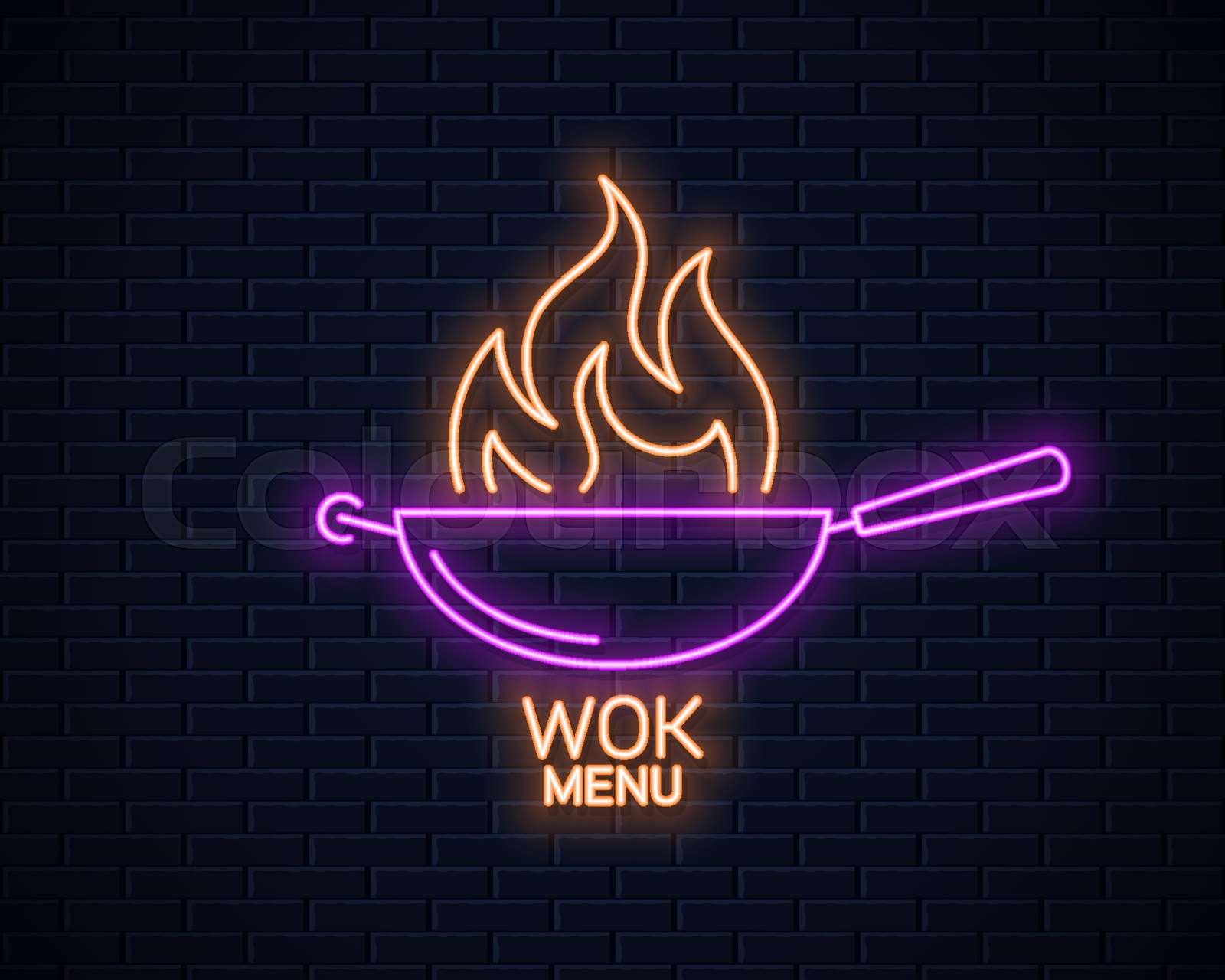 Frying pan neon sign. Wok with fire flame neon Stock vector Colourbox