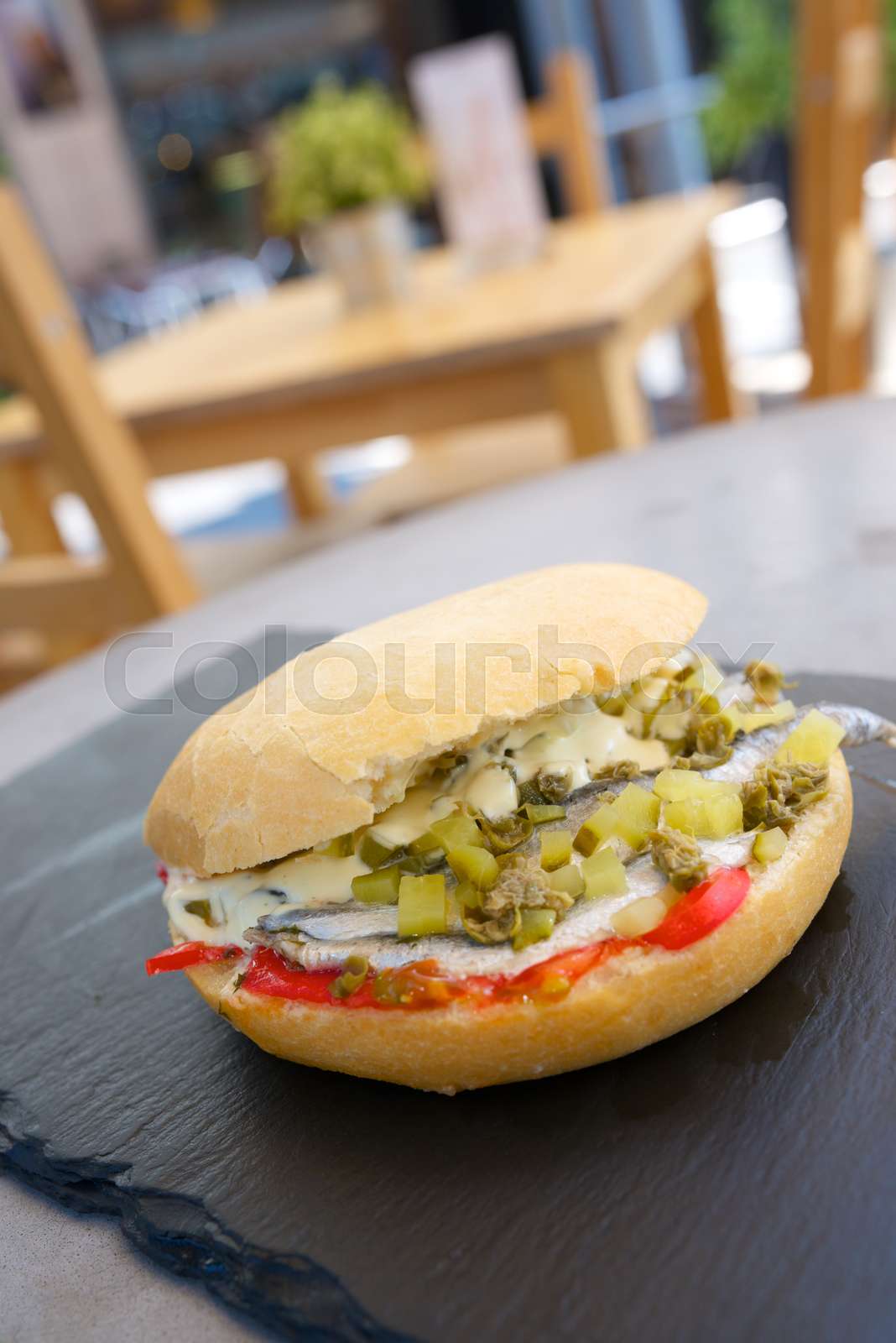 Anchovies sandwich close up Stock image Colourbox