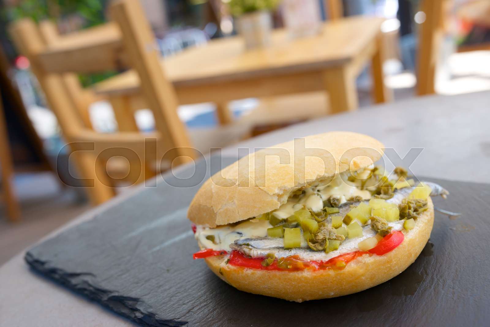 Anchovies sandwich close up Stock image Colourbox