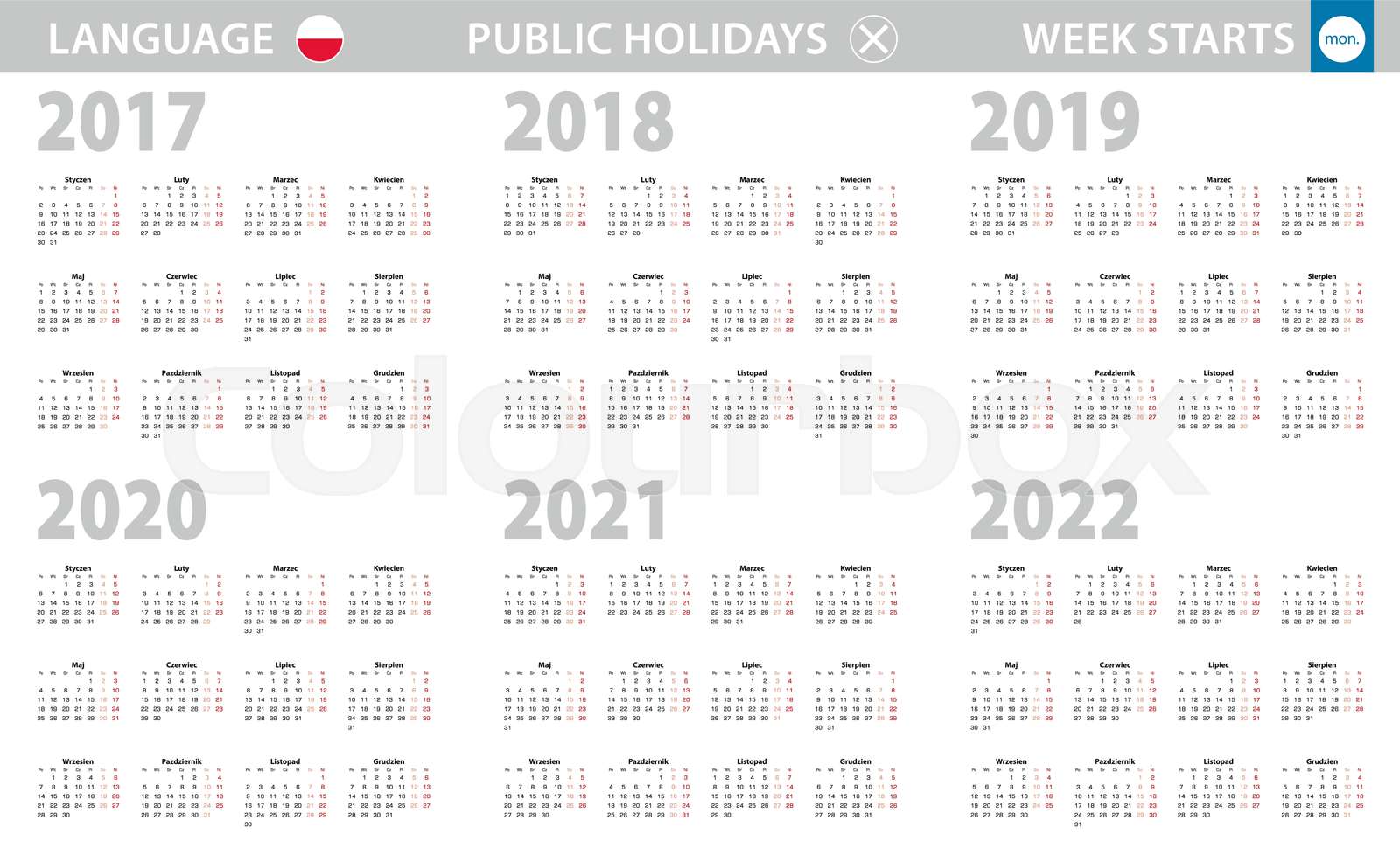 Calendar in Polish language for year 2017, 2018, 2019, 2020, 2021, 2022