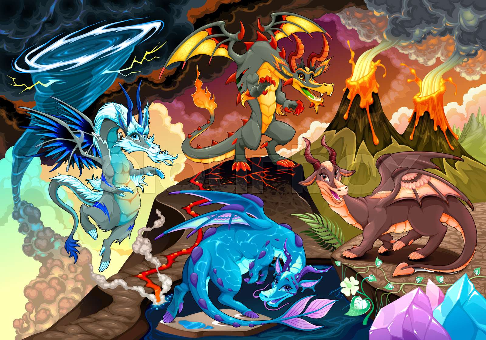 Cycle of air, earth, fire, and water with each dragon Stock vector