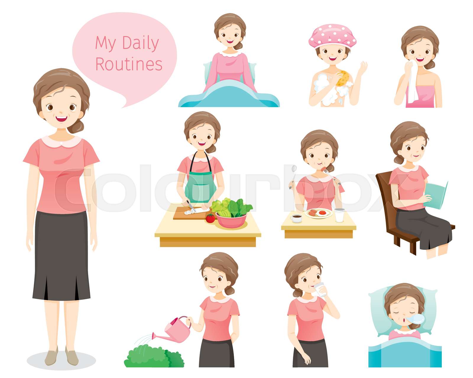 The Daily Routines Of Old Woman | Stock vector | Colourbox