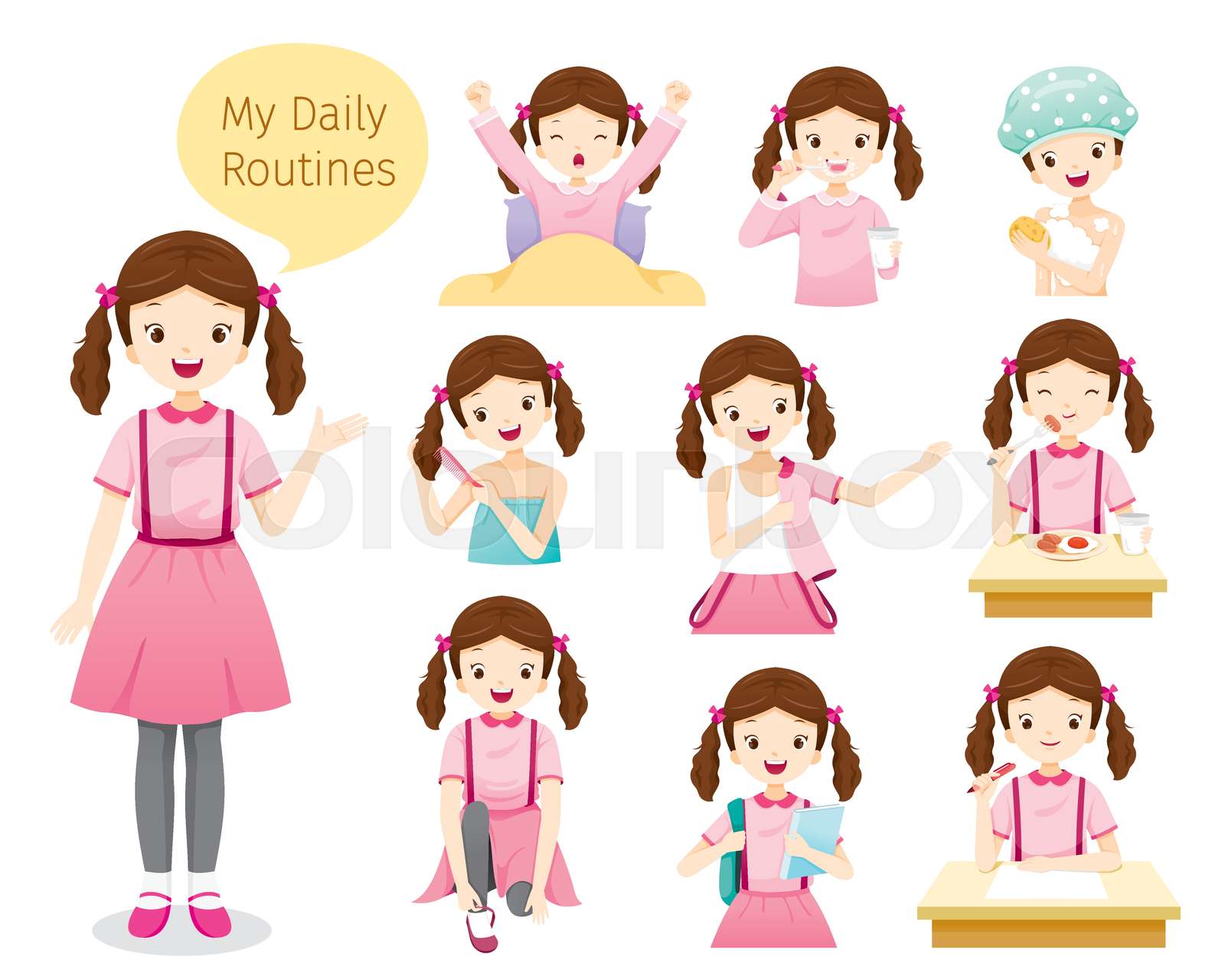 The Daily Routines Of Girl | Stock vector | Colourbox