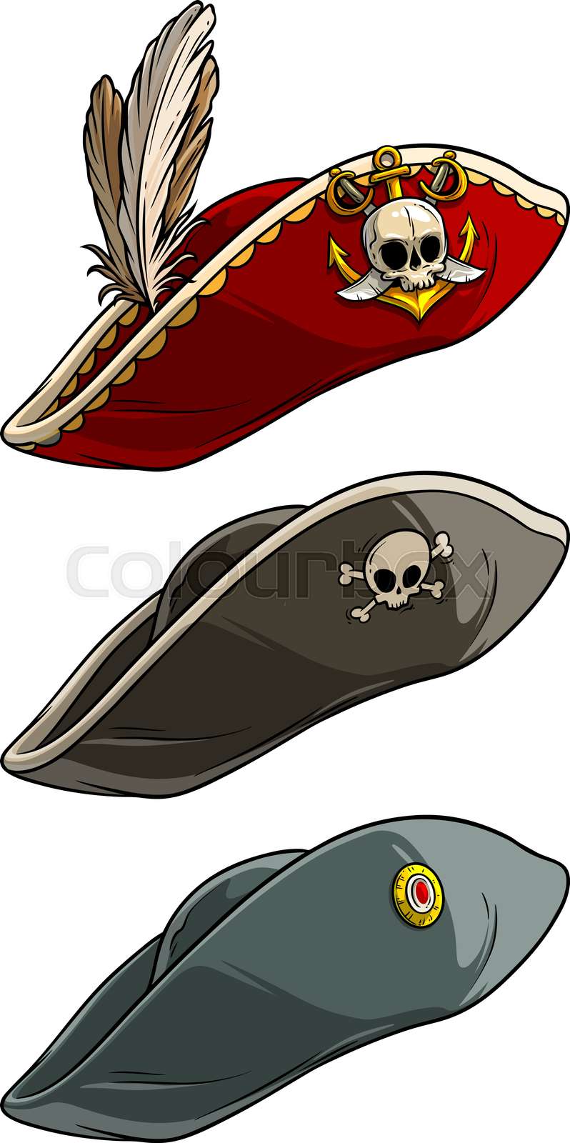 Cartoon tricorne pirate hat with skull and feather | Stock vector ...
