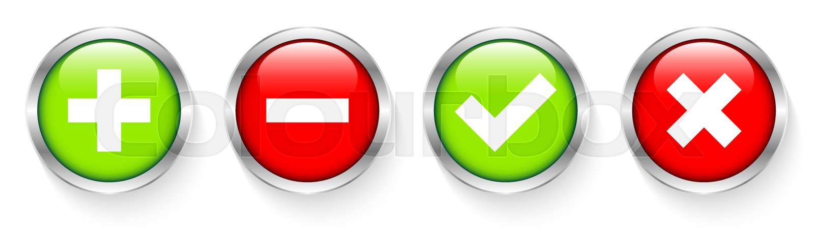 Set Vier Silberne Buttons Plus Minus Und Checkmarks Rot Grün Stock