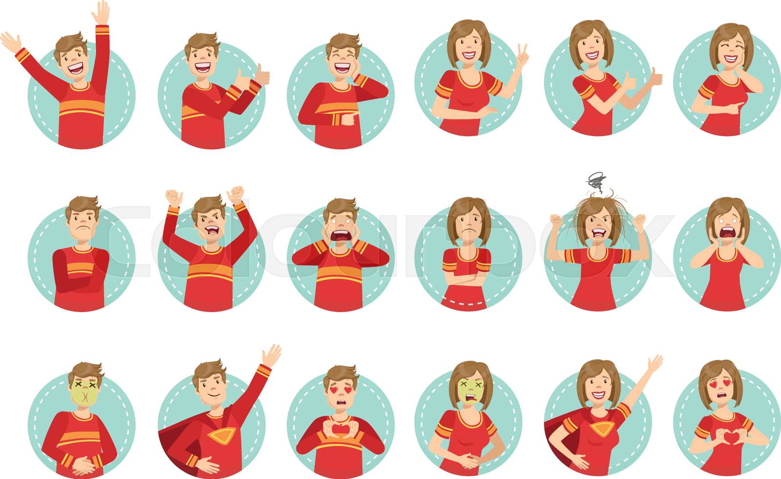 Emotion Body Language Illustration Set With Guy And Woman Demonstrating Emotion Body Language Illustration Set With Guy And Woman Demonstrating