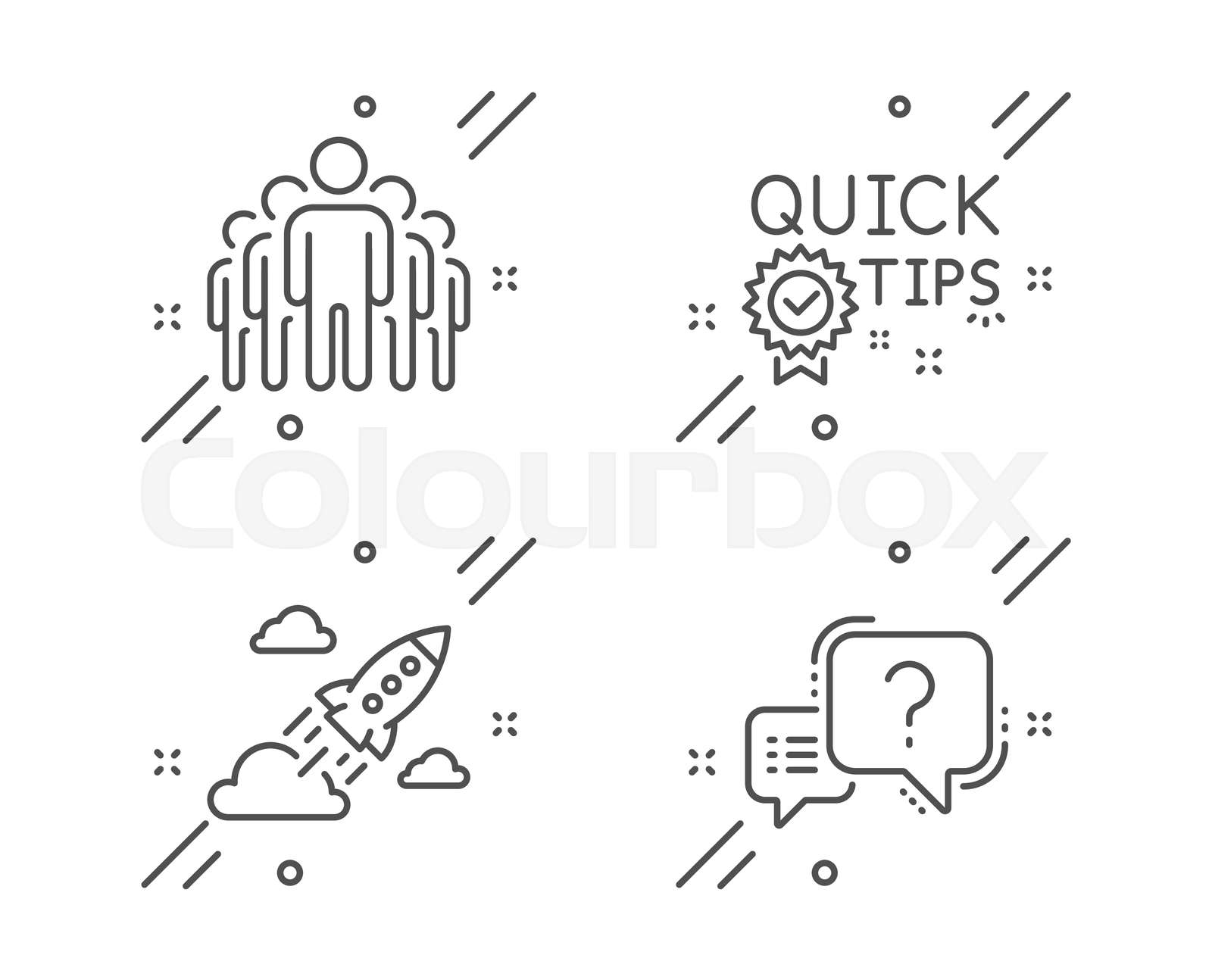 Quick tips startup rocket and group icons set question mark sign