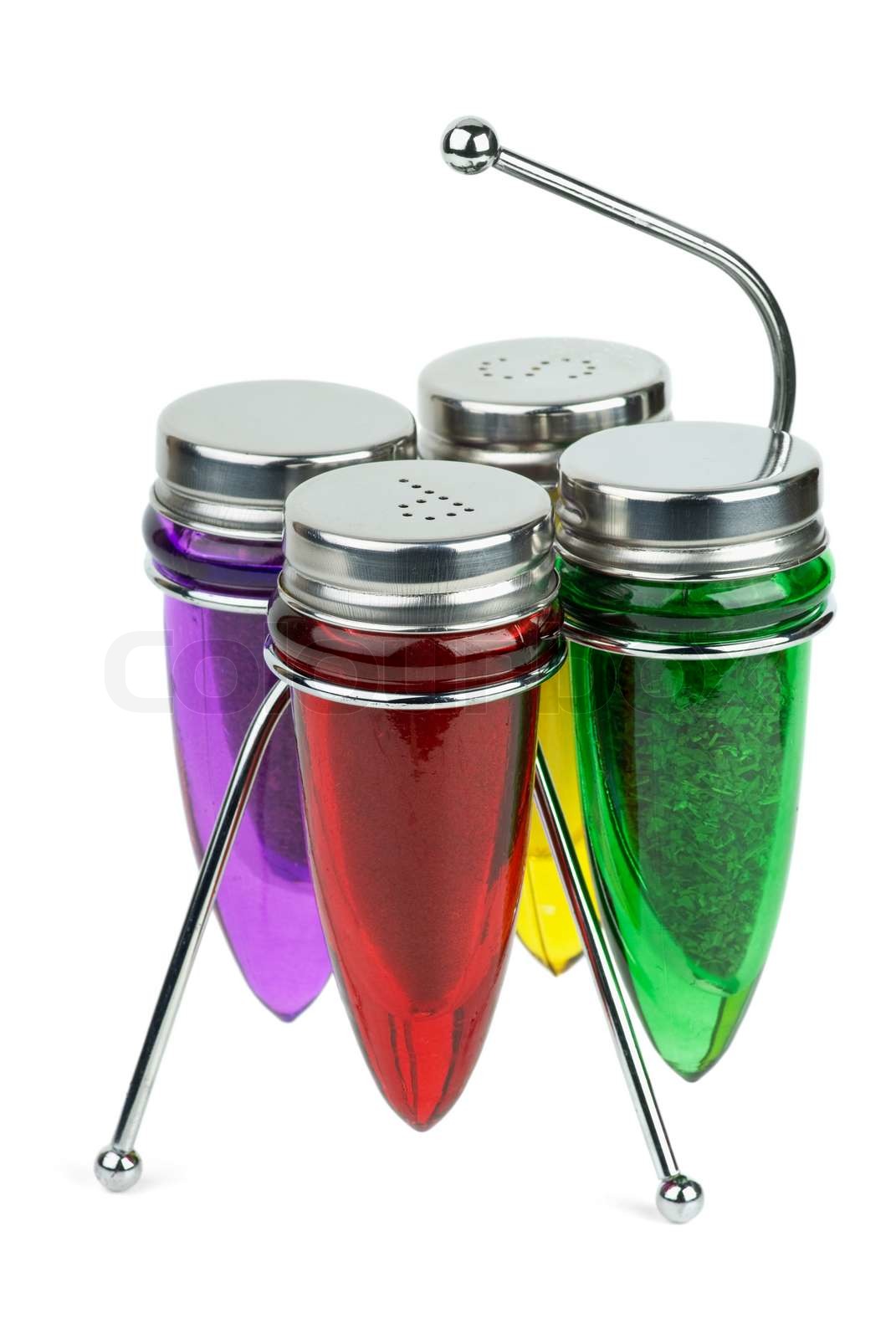 Set of salt and pepper shakers and spice containers Stock image