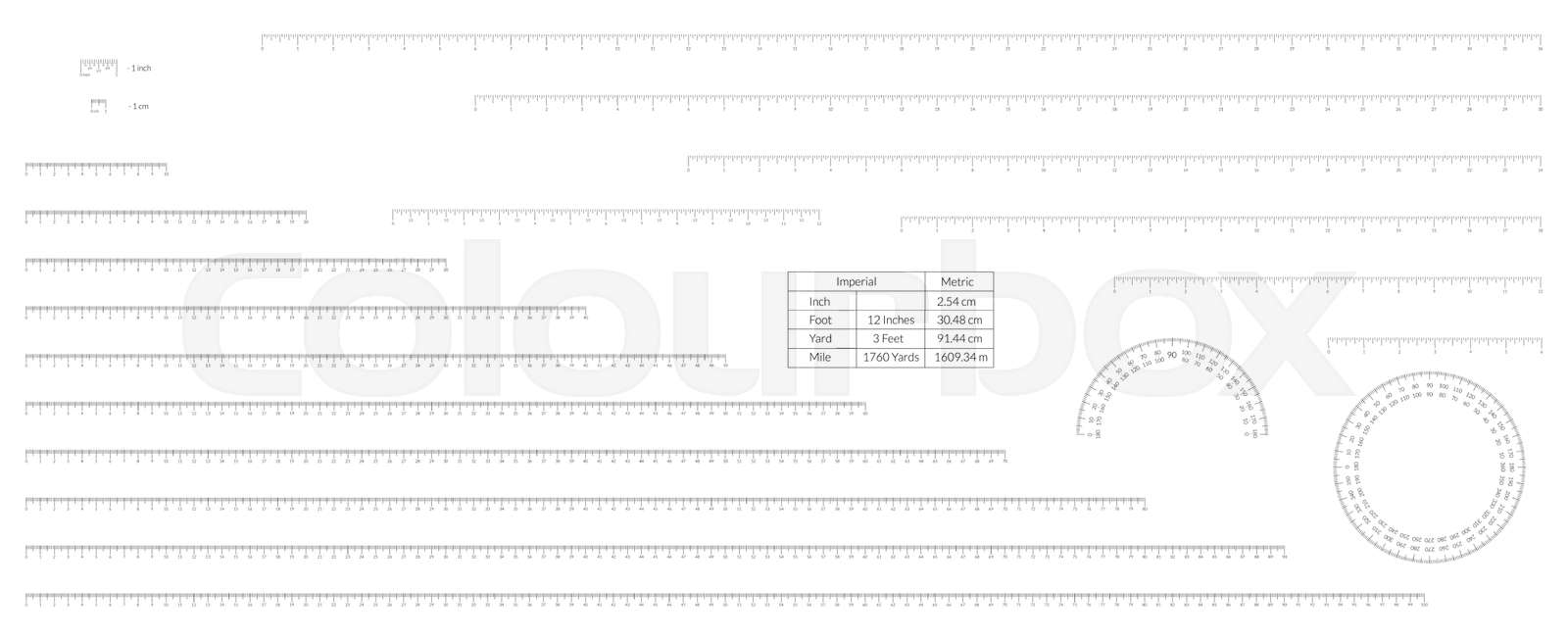 Set of imperial and metric units measuring scale bars for ruler and