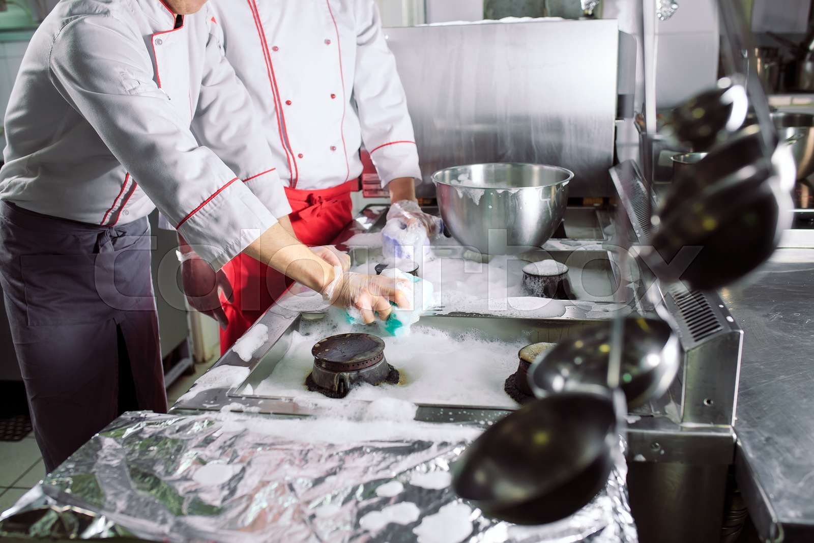 Sanitary day in the restaurant. Repeats wash your workplace. Cooks wash