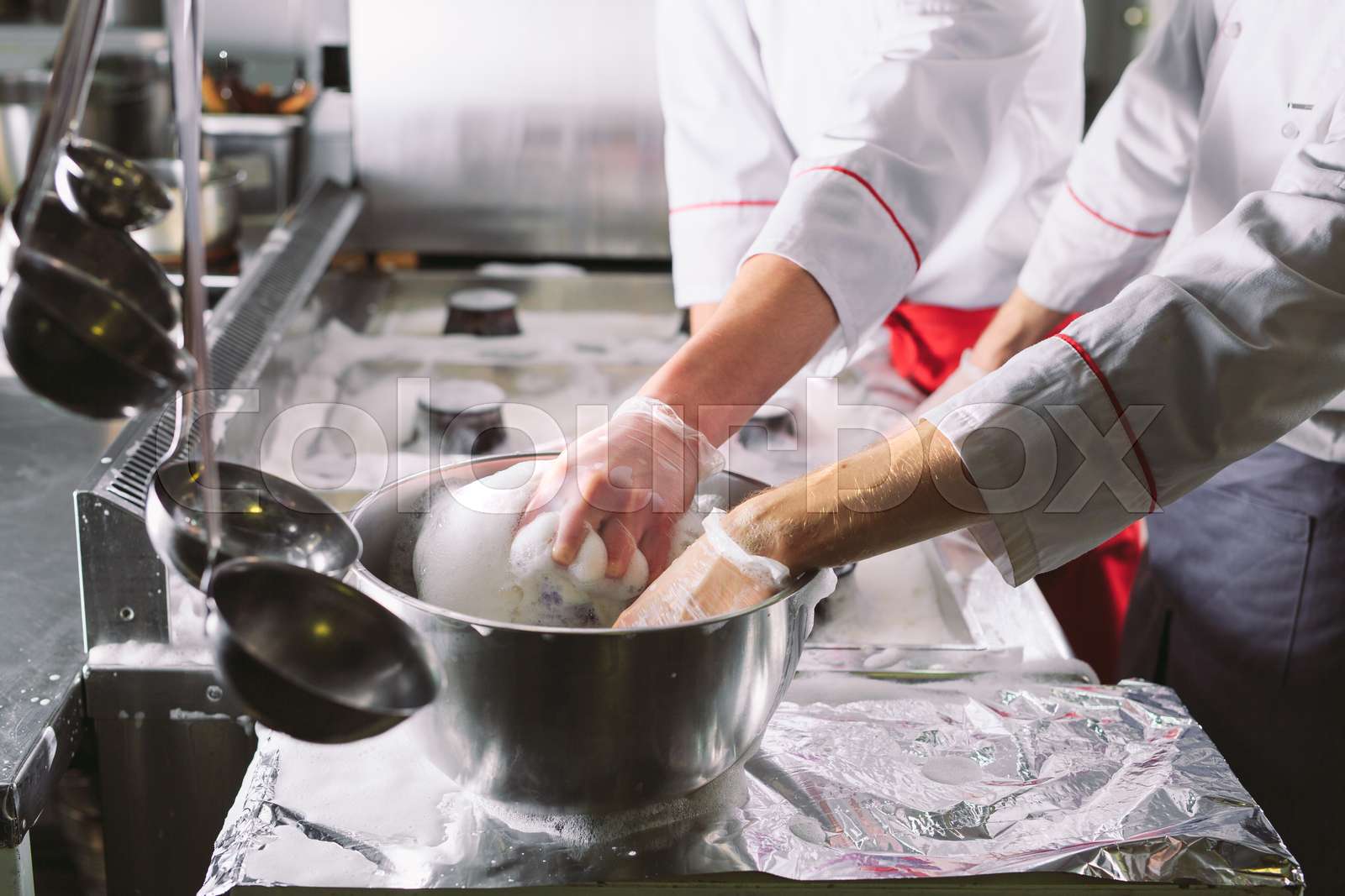 Sanitary day in the restaurant. Repeats wash your workplace. Cooks wash