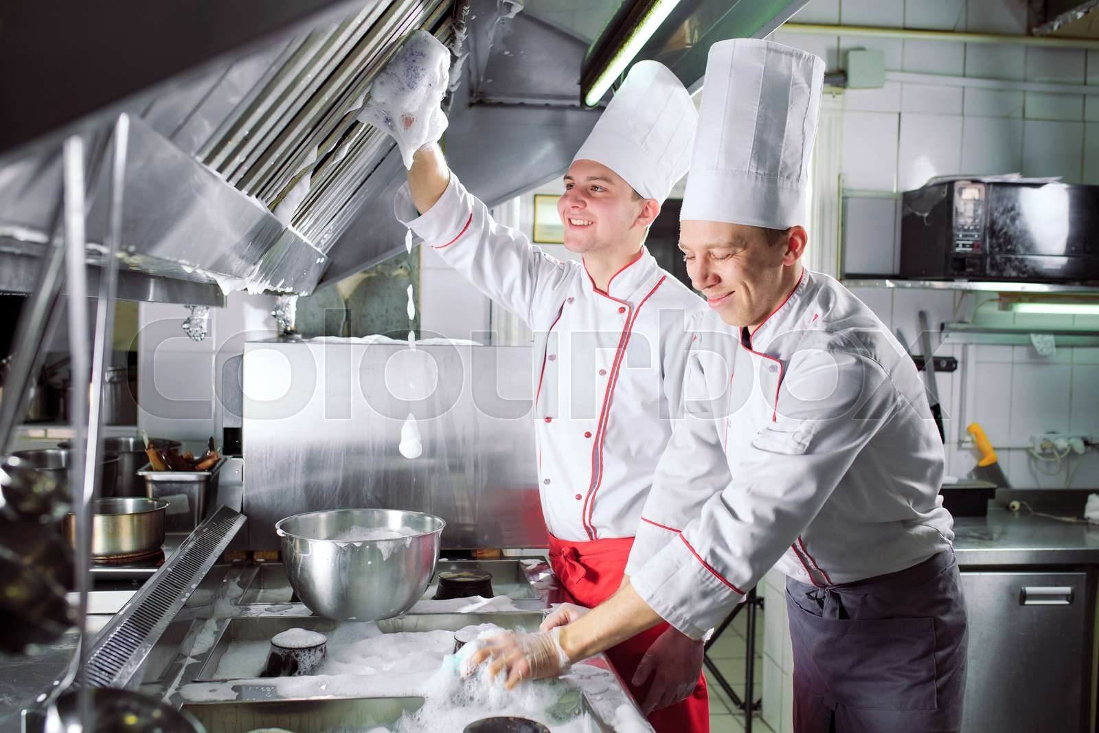 Sanitary day in the restaurant. Repeats wash your workplace. Cooks wash