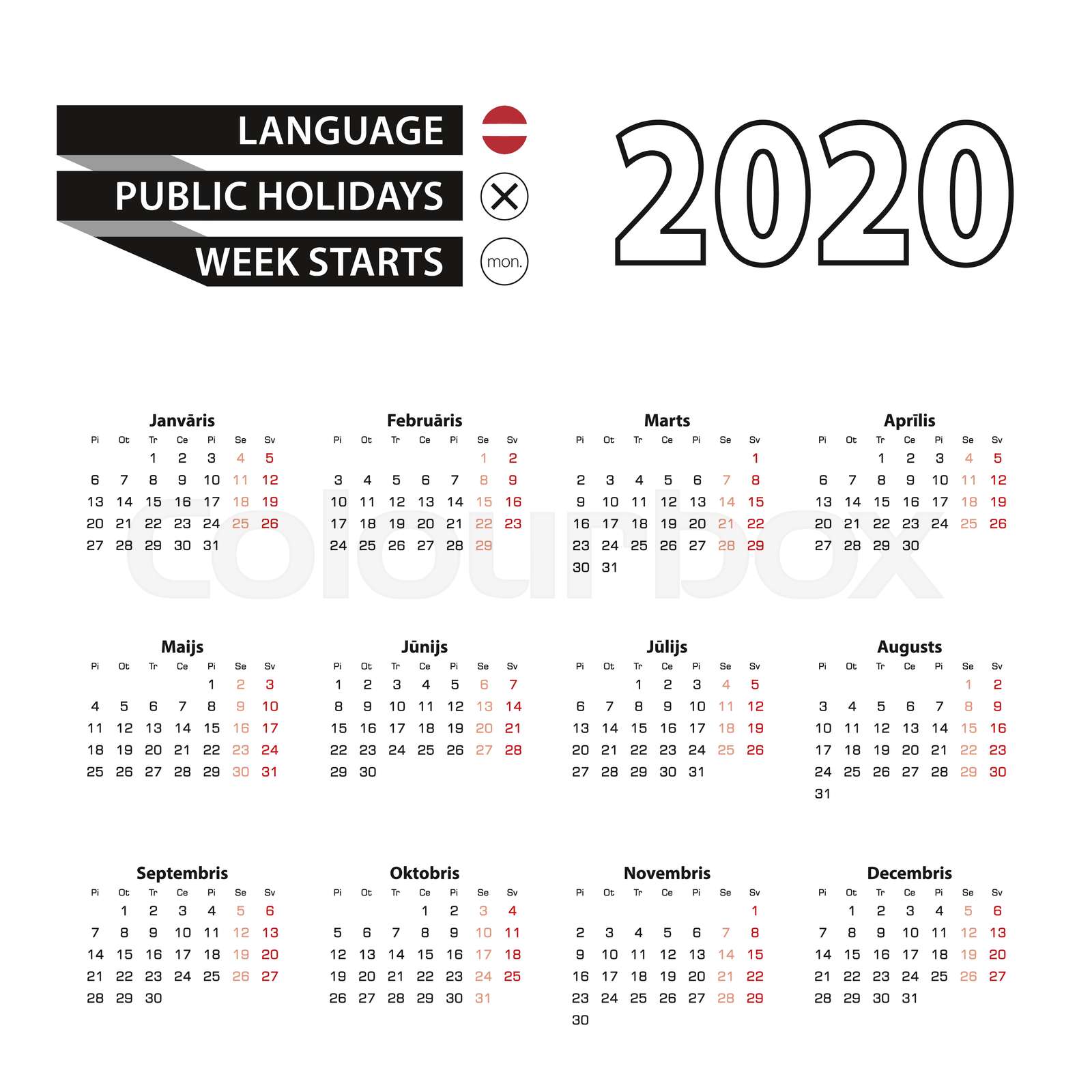 Calendar 2020 in Latvian language, week starts on Monday. | Stock