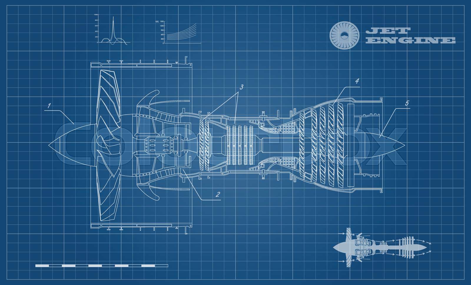 Jet Engine Of Airplane In Outline Style Industrial Aerospase Blueprint 
