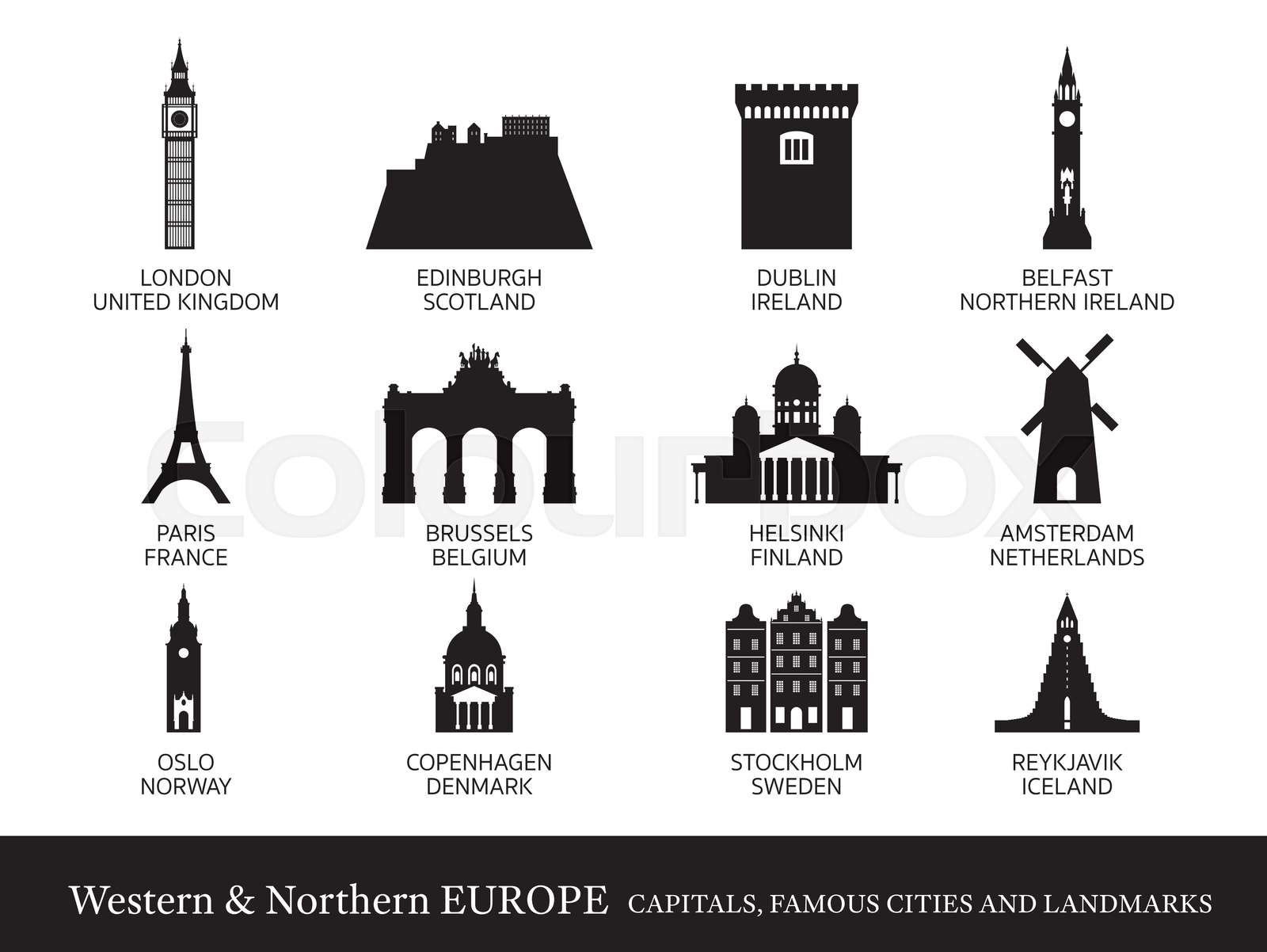 Western and Northern Europe Cities Landmarks Silhouette Stock vector