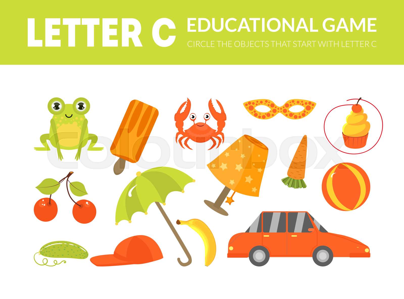 Letter C Educational Game for Kids Template, Circle the Objects That