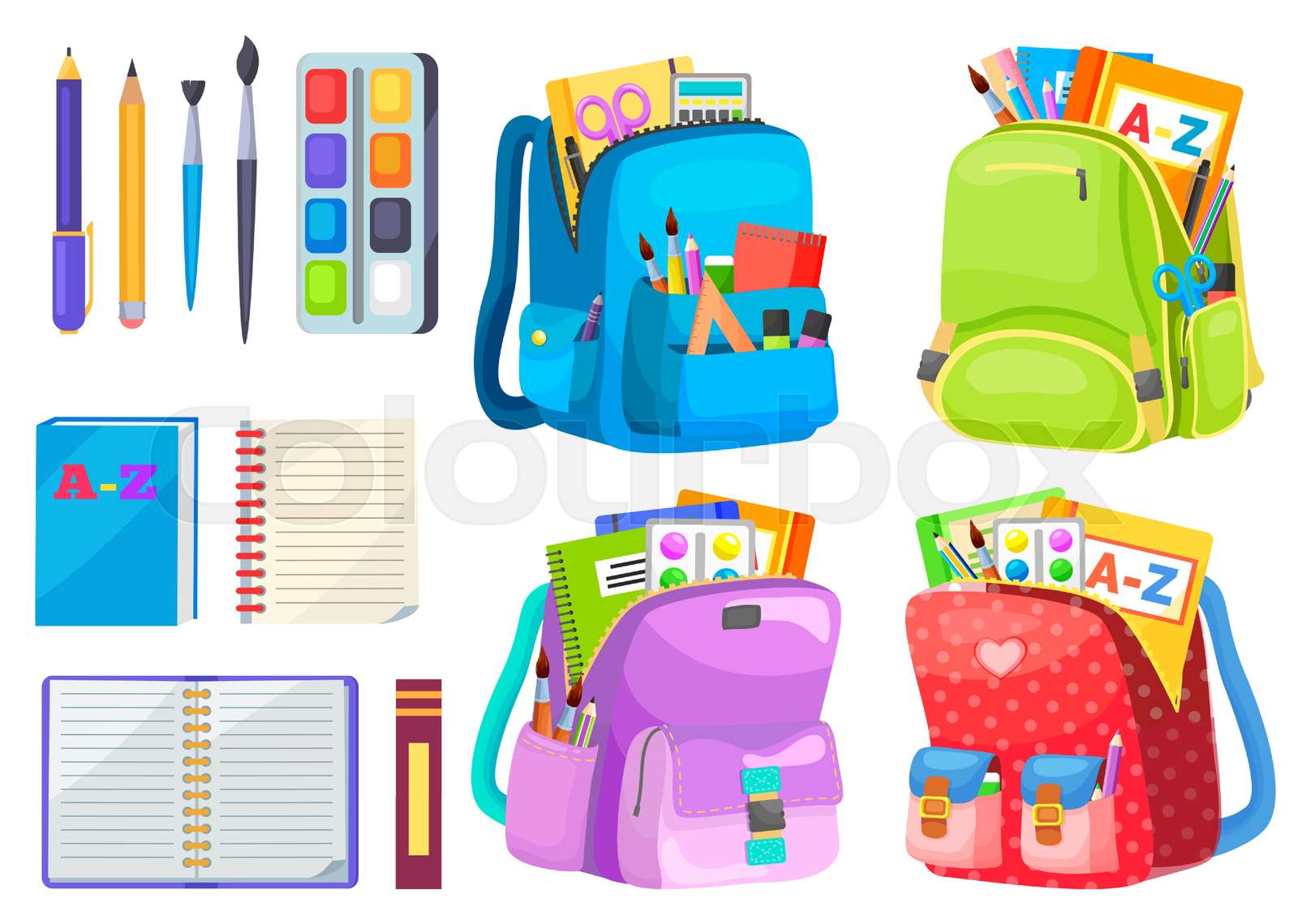 Backpack with Notebook and Pen, School Vector Stock vector Colourbox