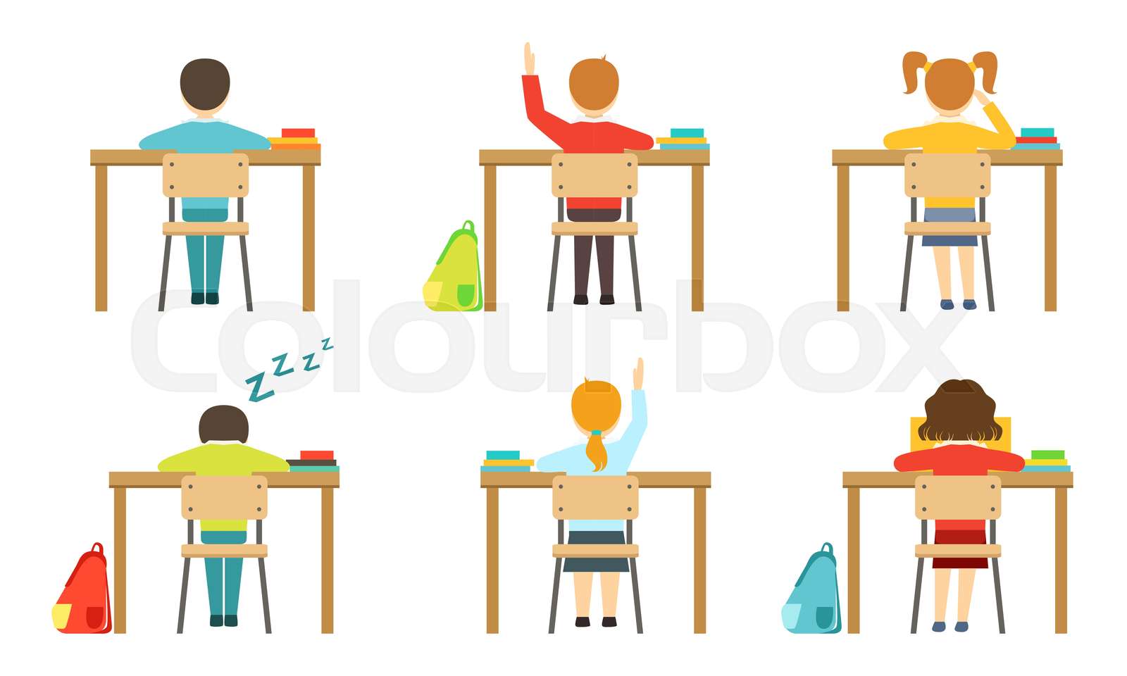 Schools Pupils Sitting at Desks at Classroom, View from Behind, Kids on