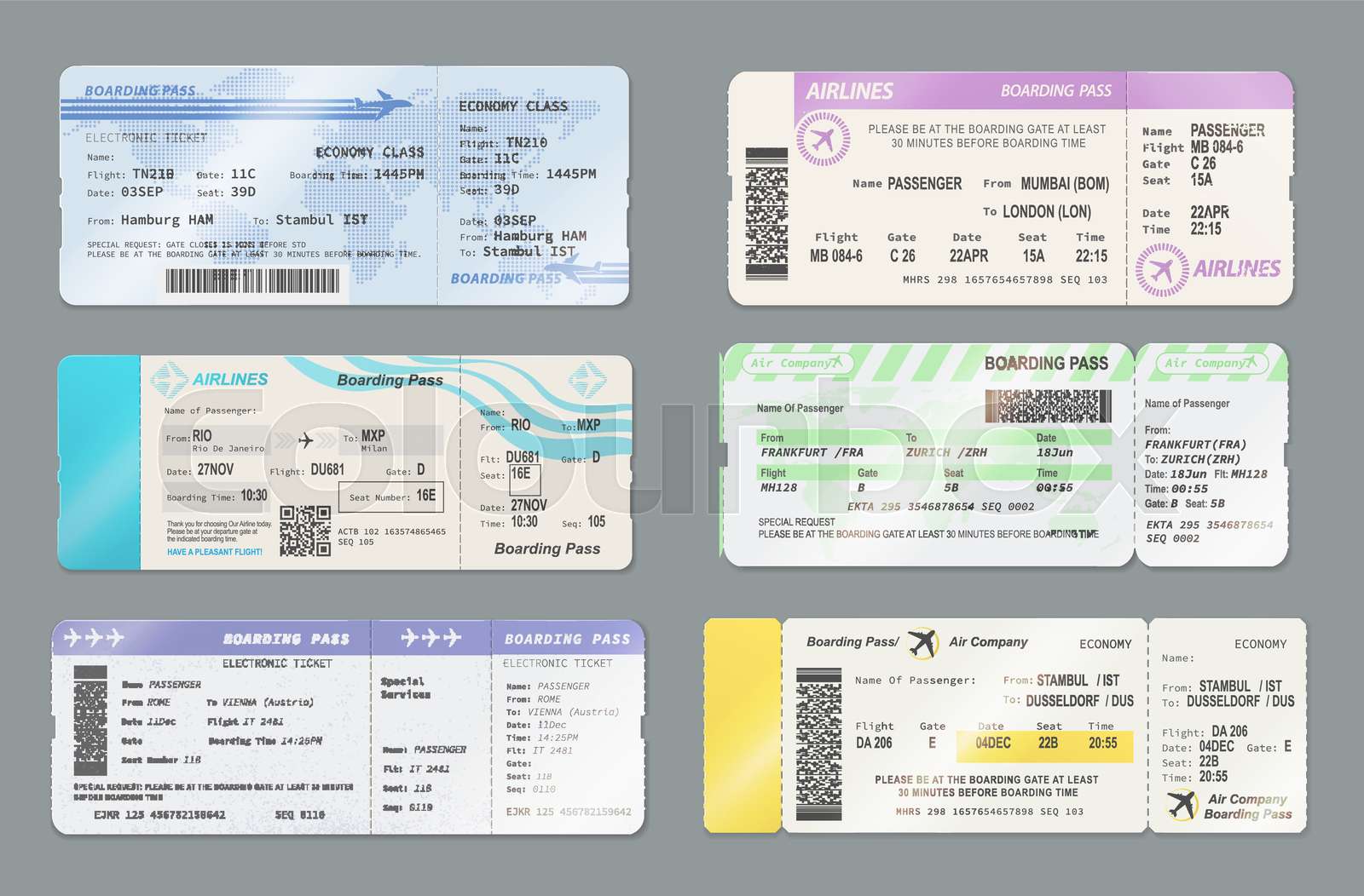 Boarding pass tickets with barcodes and QR codes Stock vector Colourbox