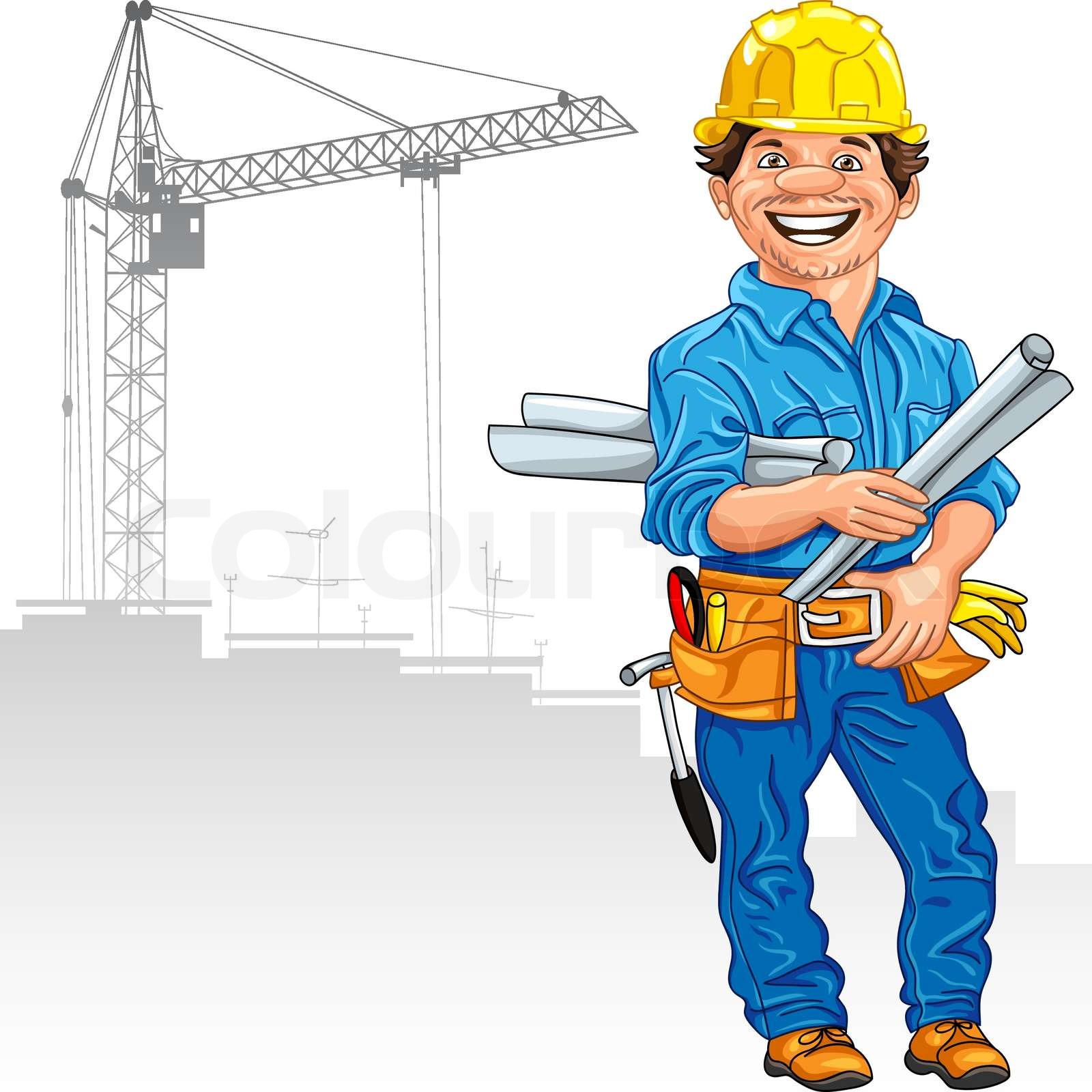 Vektor fröhlich Ingenieur-Generator in den gelben Helm mit der ...