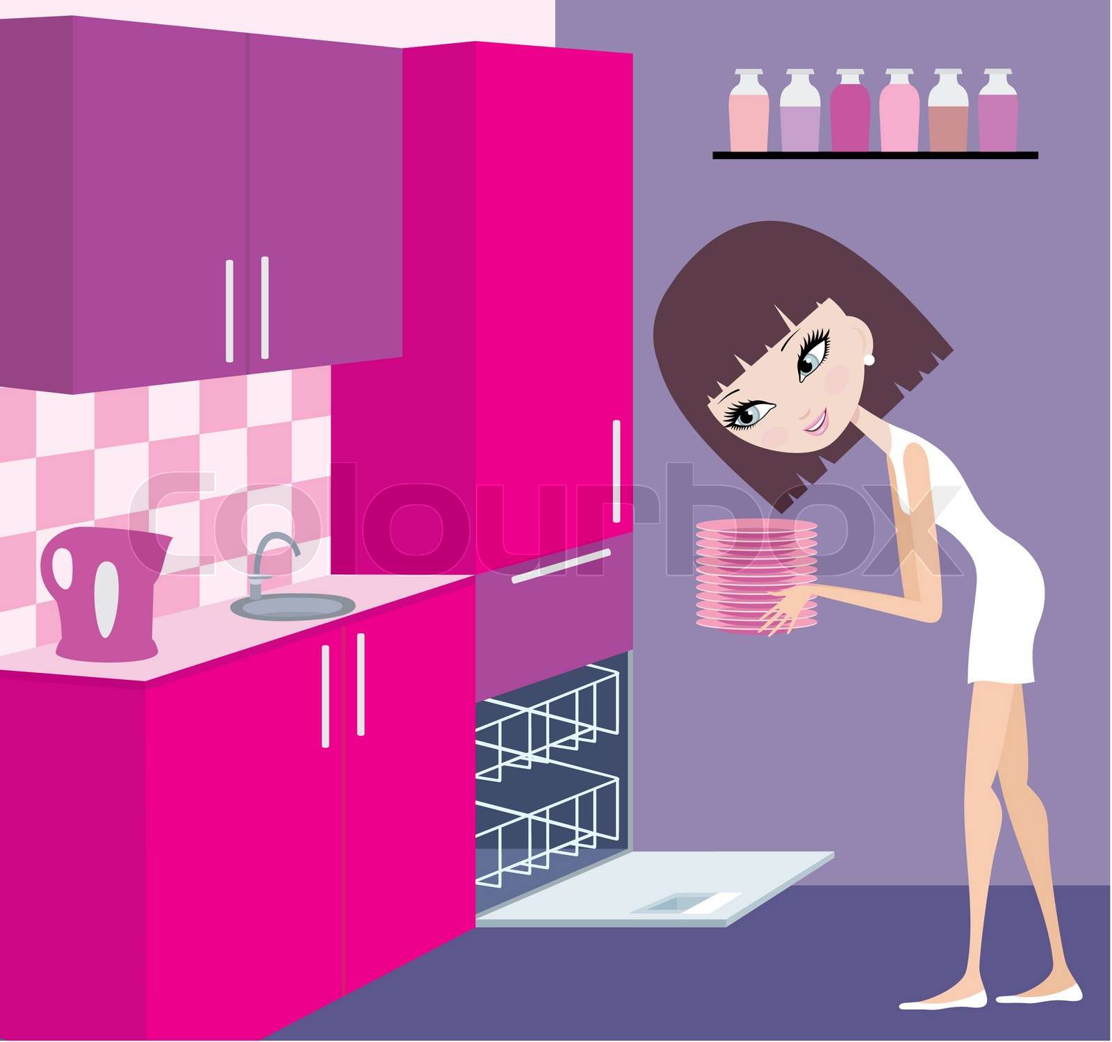 Girl puts plates in the dishwasher Stock image Colourbox