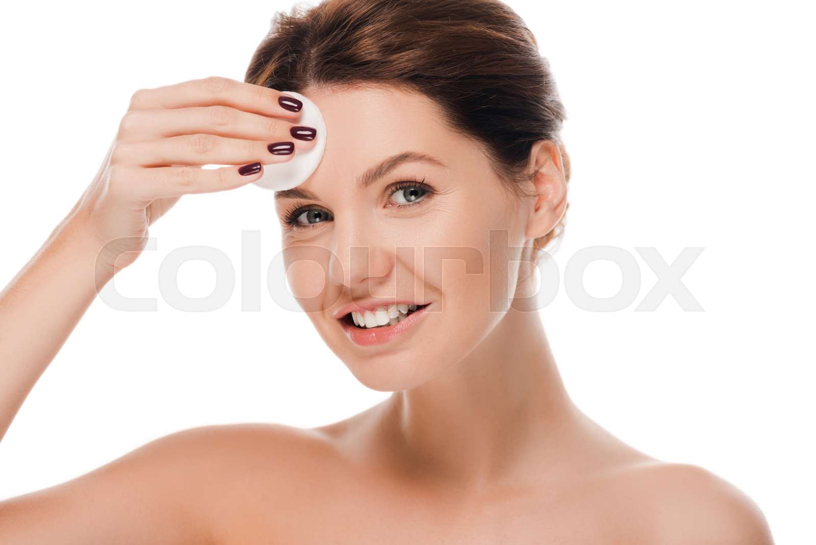 happy naked woman holding cotton pad isolated on white Stock image Colourbox