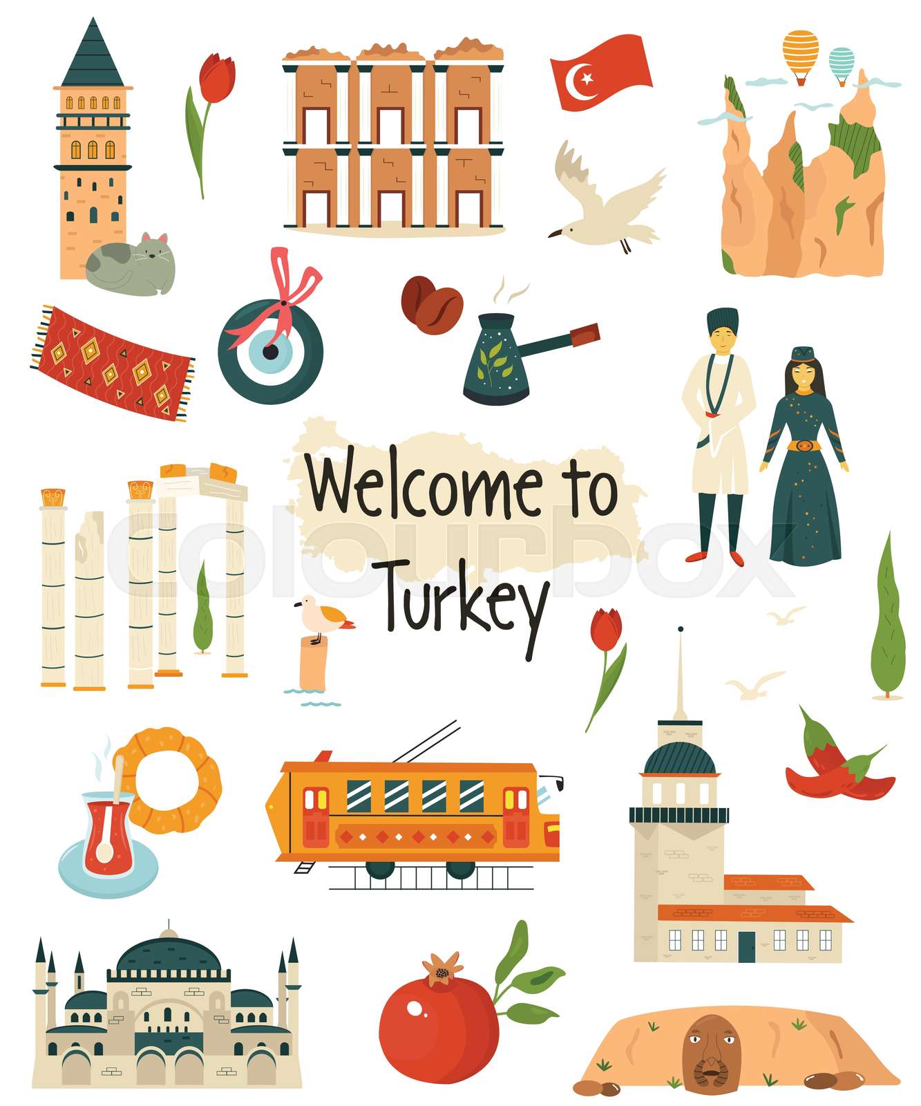 Big icon set of landmarks, symbols of Turkey. Stock vector Colourbox