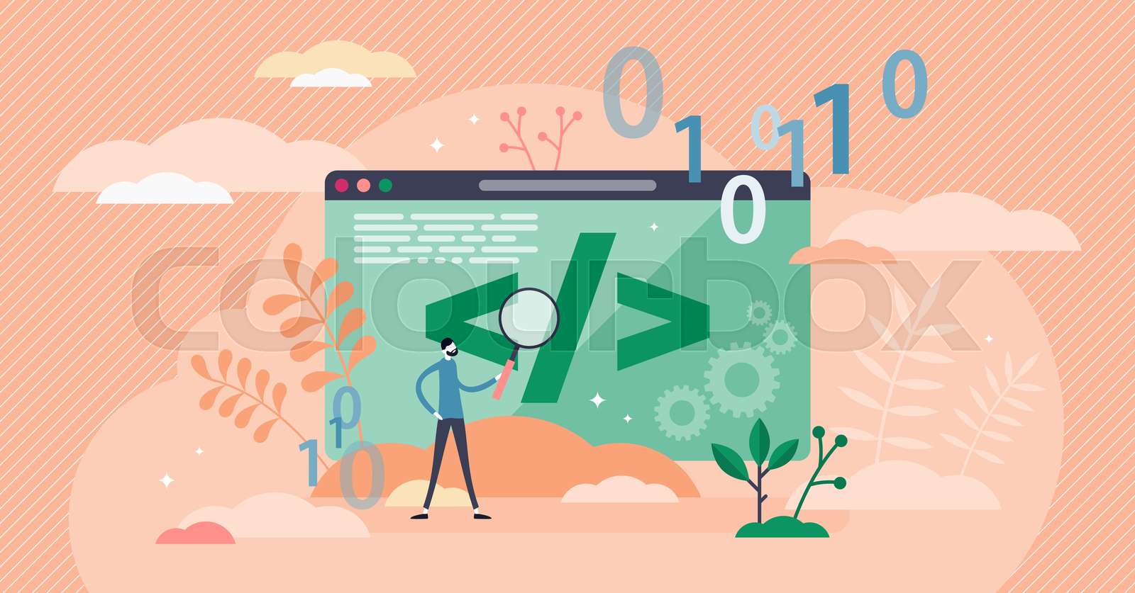 Learn coding vector illustration. IT education in flat tiny person ...