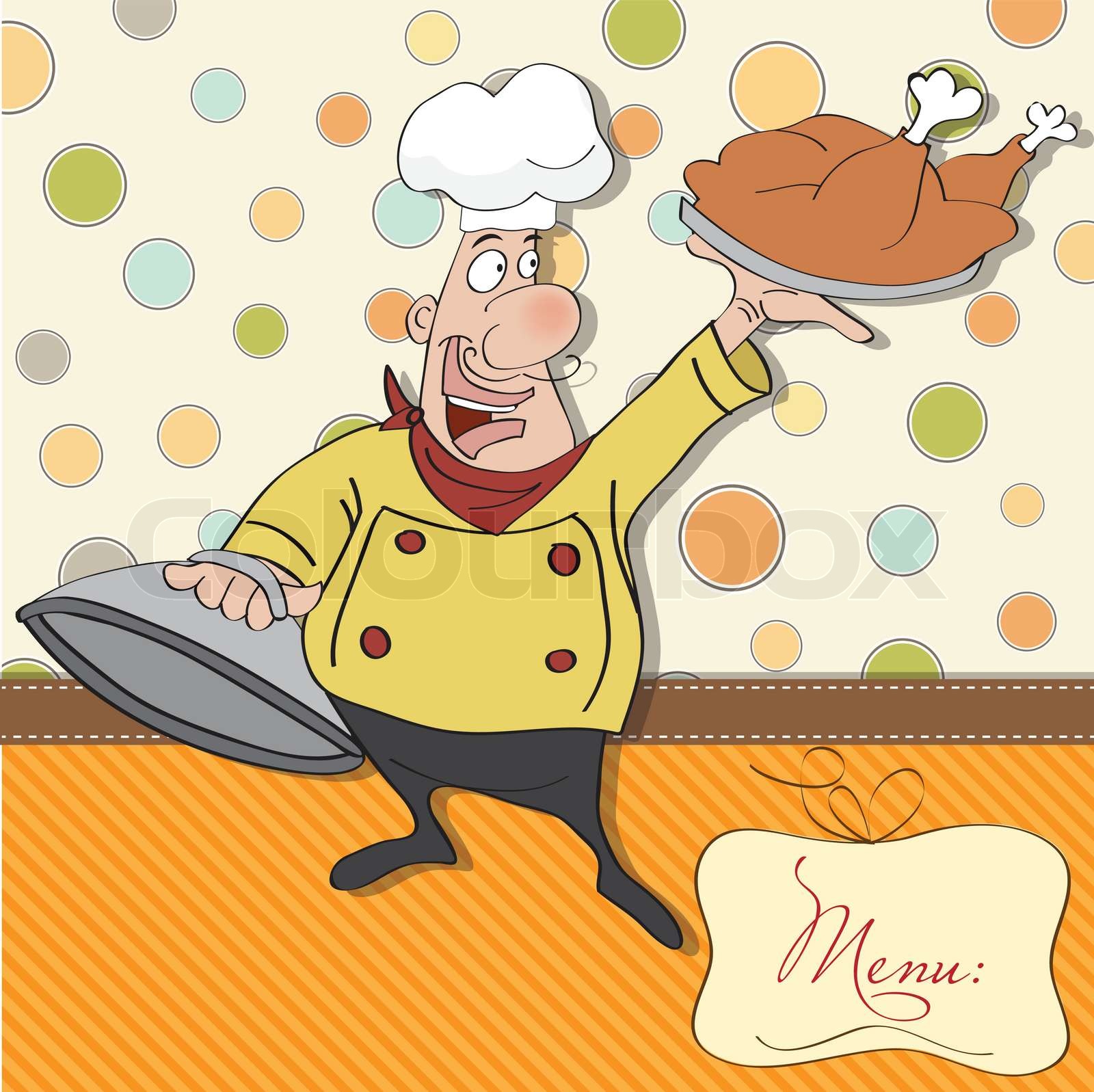 funny cartoon chef with tray of food in hand | Stock vector | Colourbox