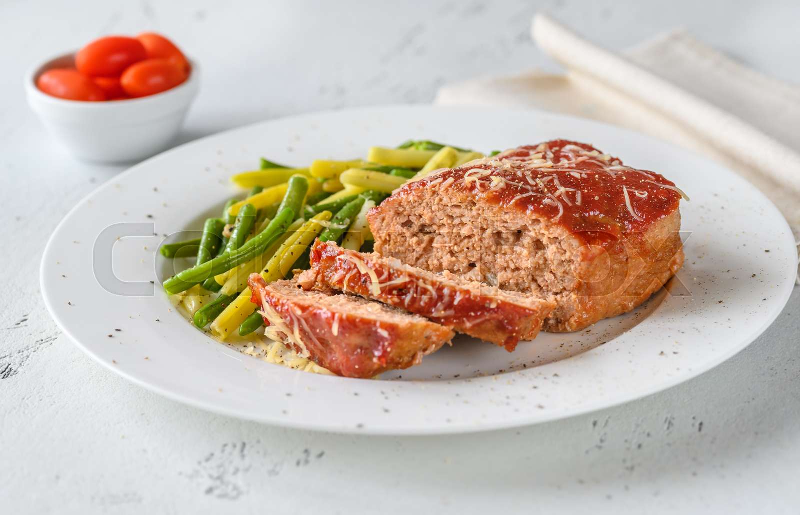 Meatloaf with green beans Stock image Colourbox