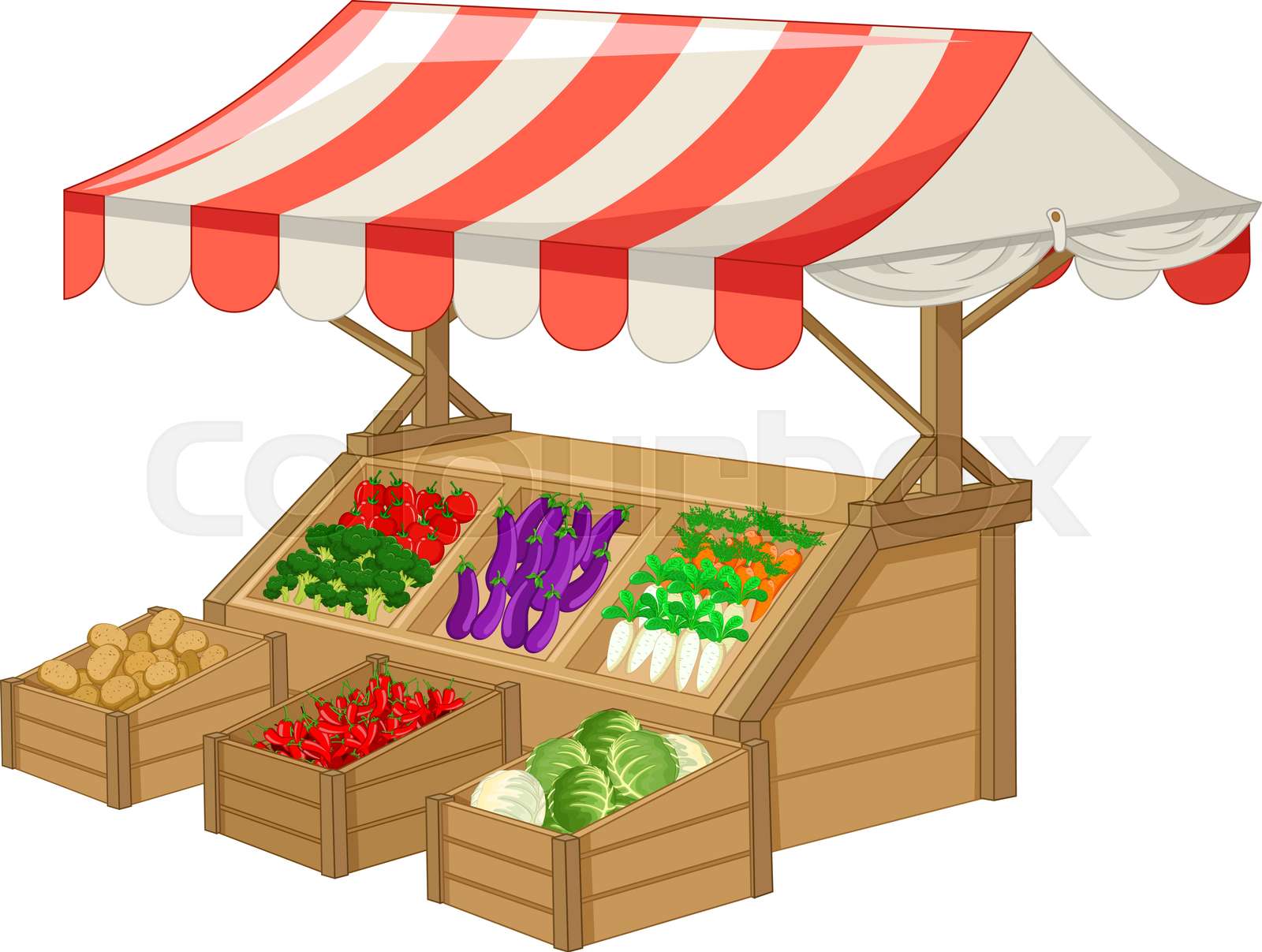 Brown Wood Vegetable Food Stall Tent Market Bazaar Cartoon Stock