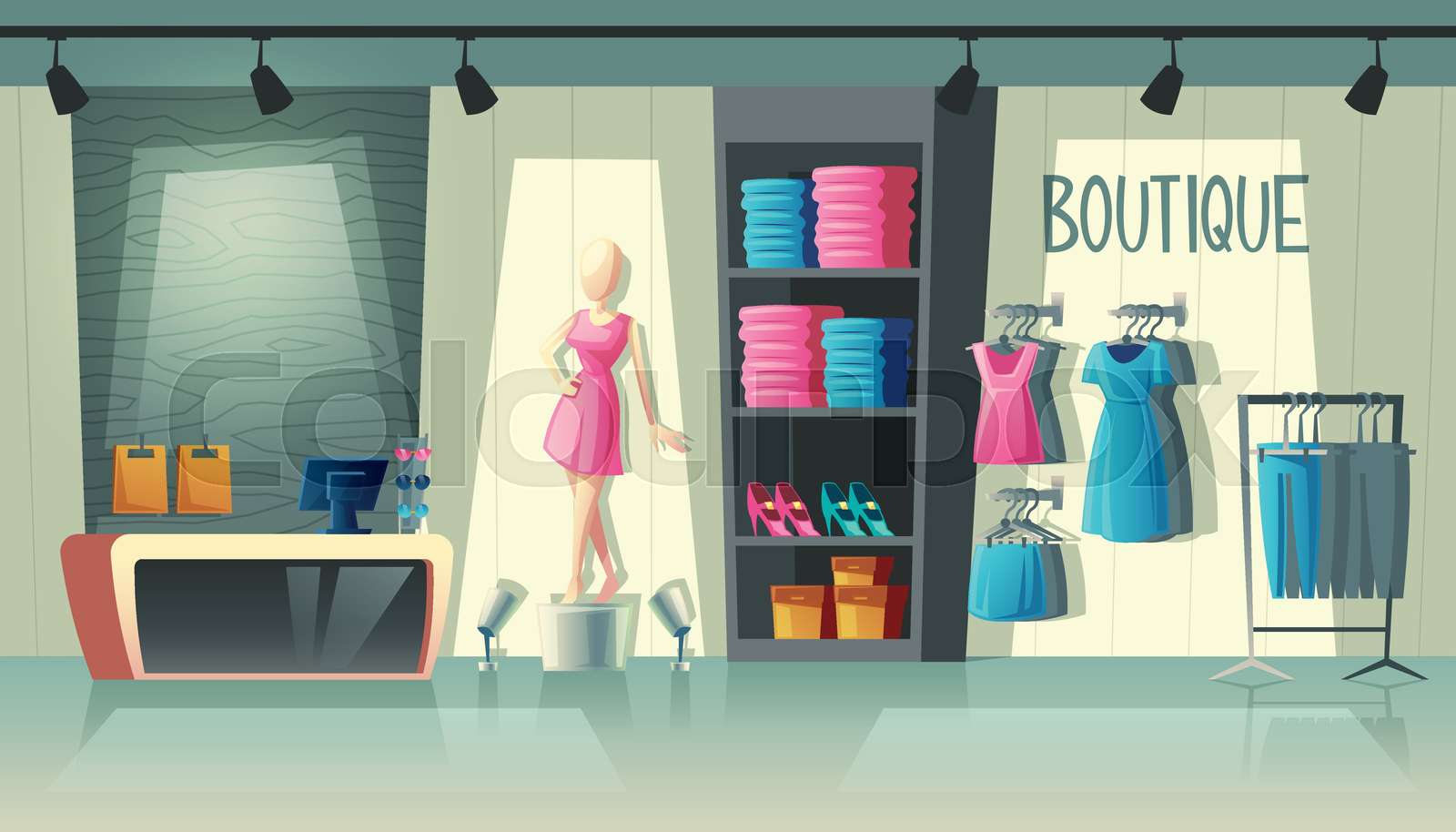 Vector clothing shop interior, fashion boutique inside | Stock vector ...