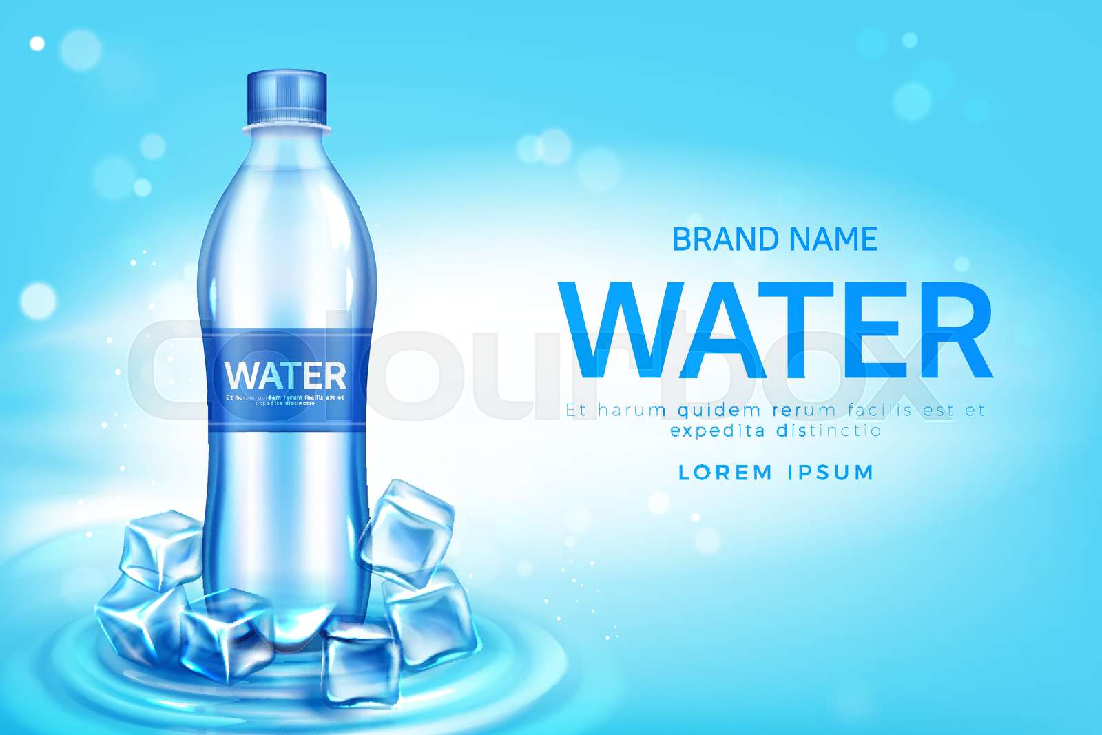 Mineral water bottle with ice cubes promo poster Stock vector Colourbox