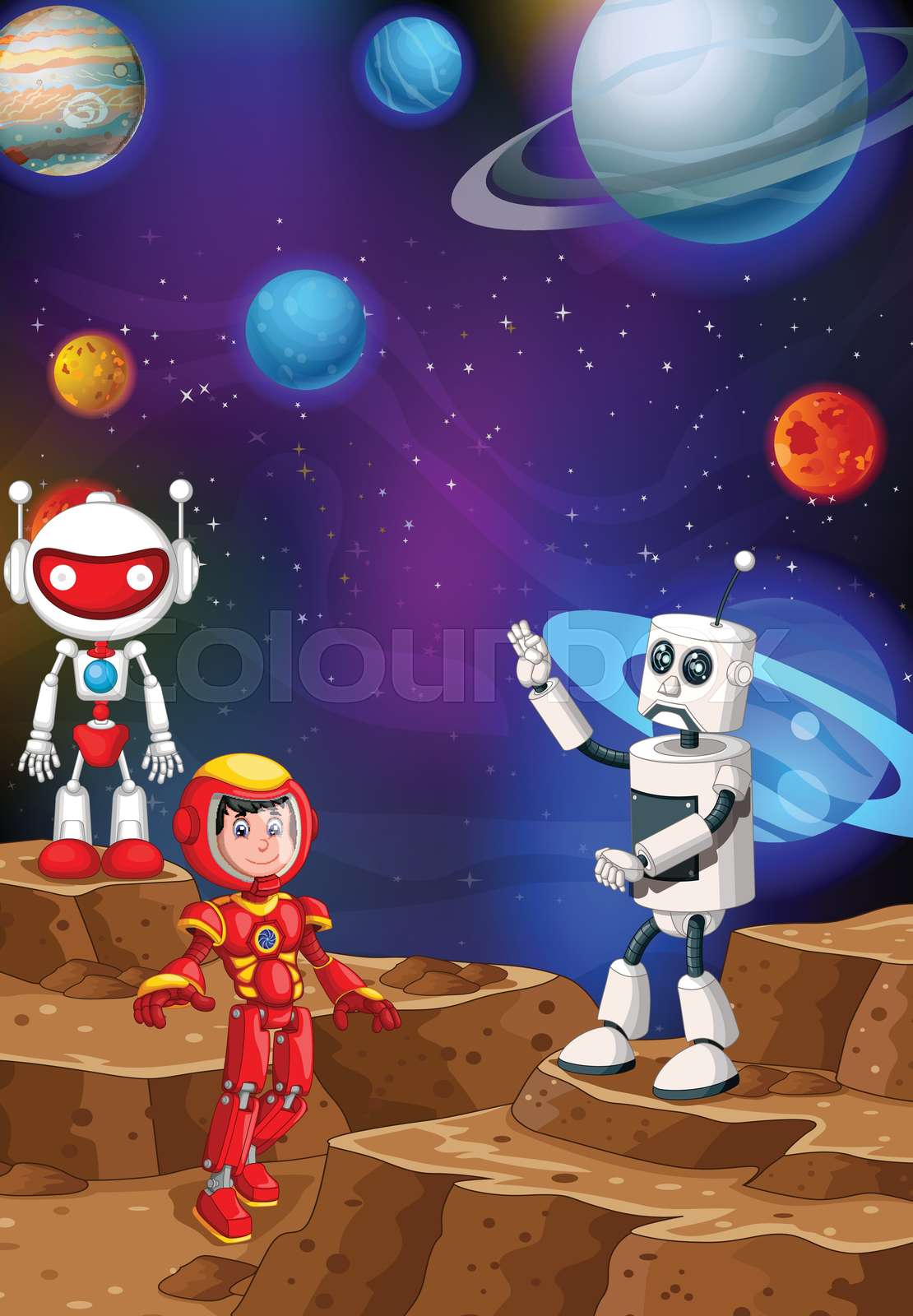 Two Robots And Man In Red Robot Suit in Space Cartoon Stock vector