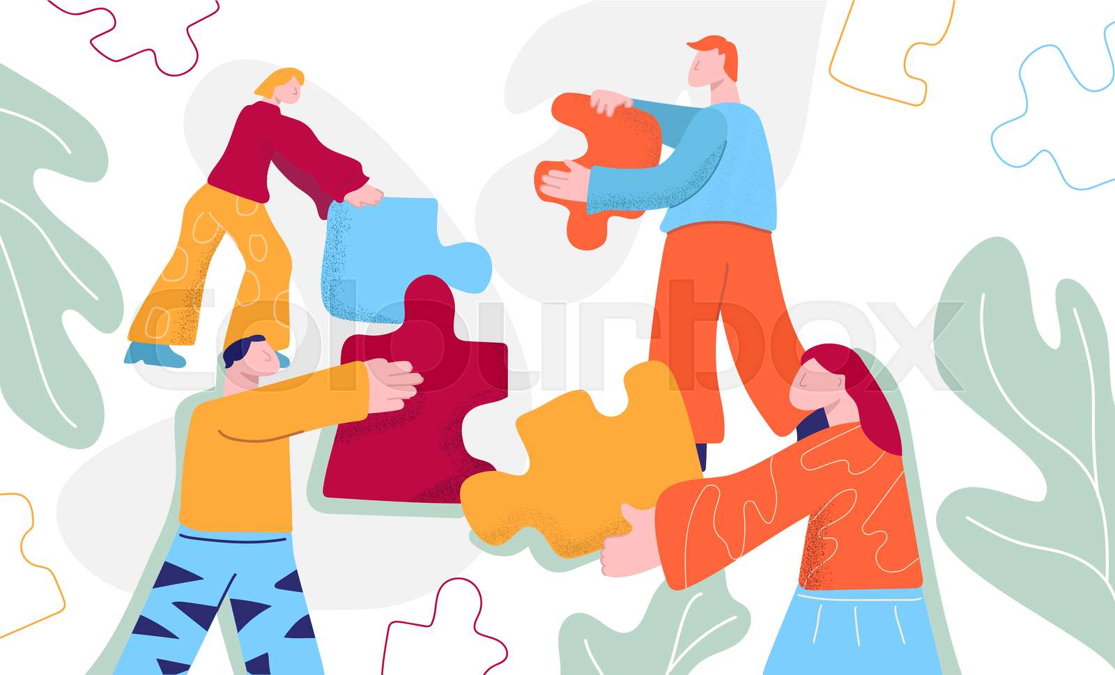 Cartoon People Working Together Connecting Puzzles Pieces Vector Flat 