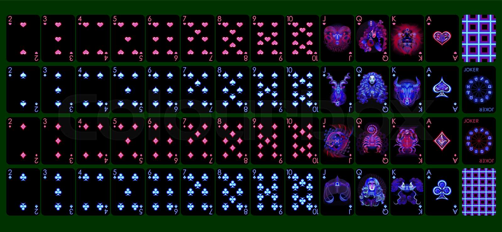 Neon playing cards, Zodiac signs. 54 black cards with neon signs of the