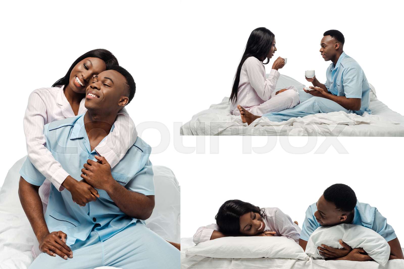 collage of happy african american couple in bed in pajamas isolated on ...