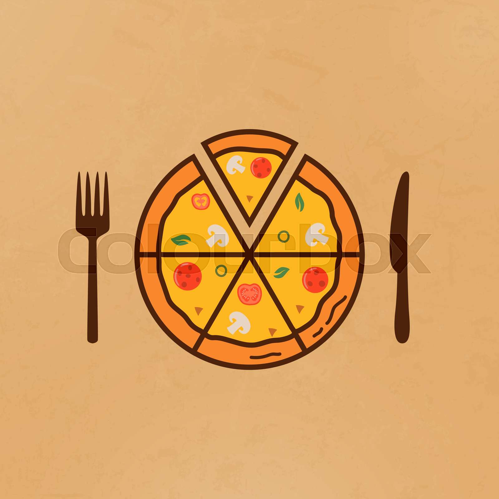 Illustration of pizza and near it a knife and fork Stock vector