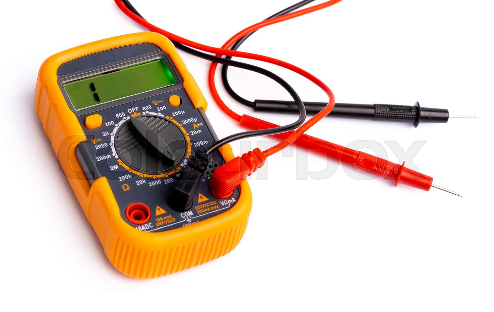 Yellow digital multimeter isolated Stock image Colourbox