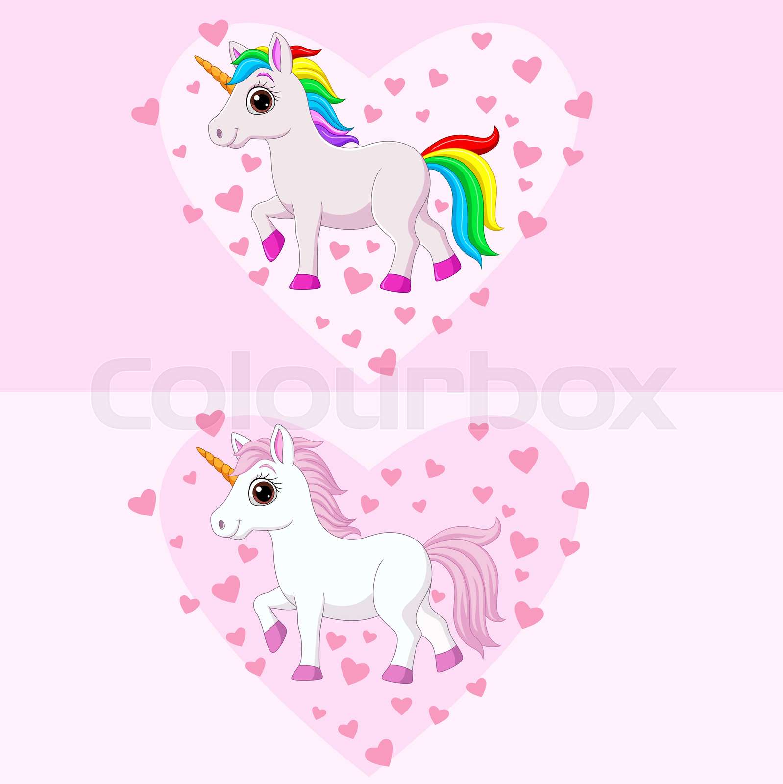 Cute pink and white unicorns with various colors manes and tails