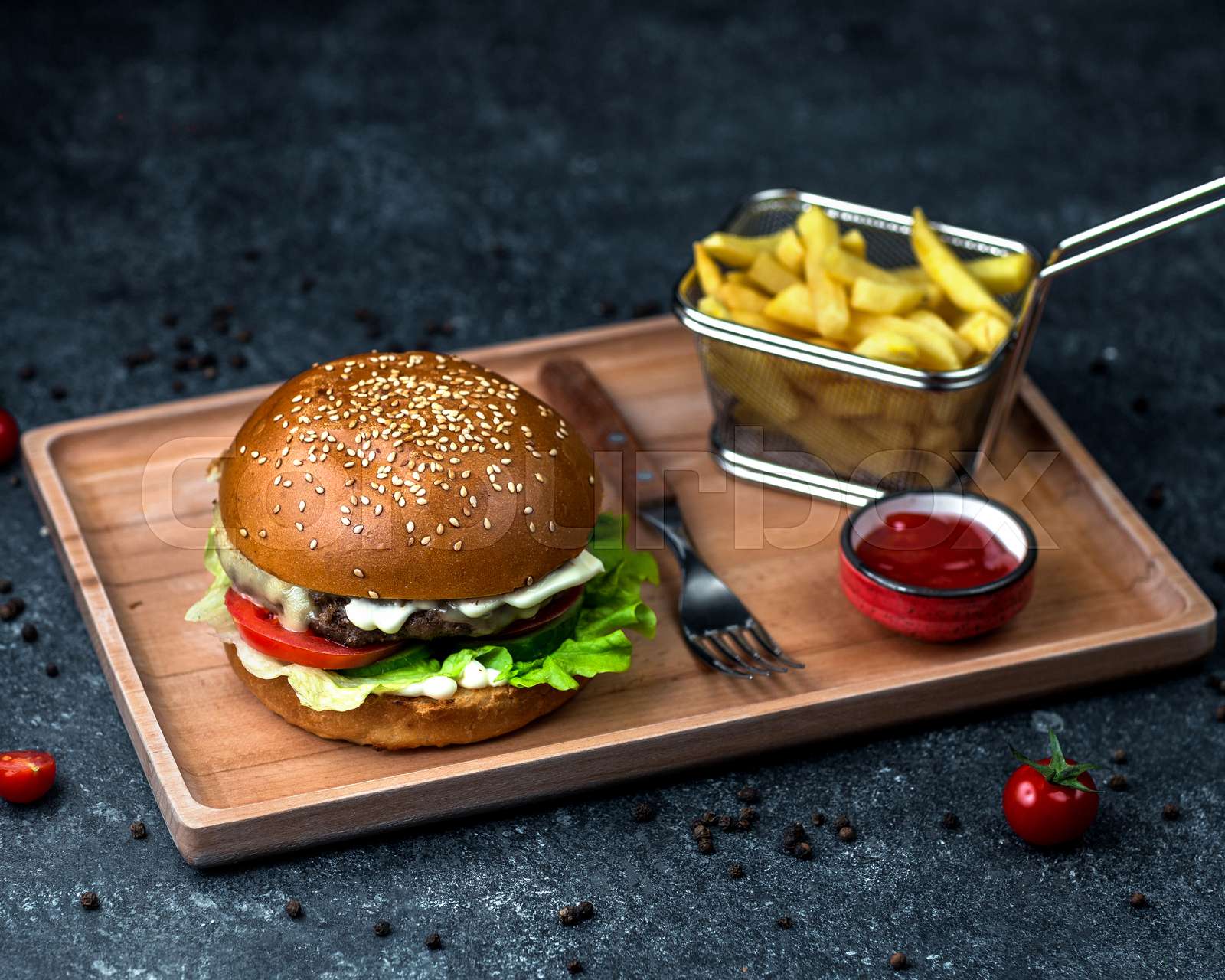 burger with fries and ketchup Stock image Colourbox