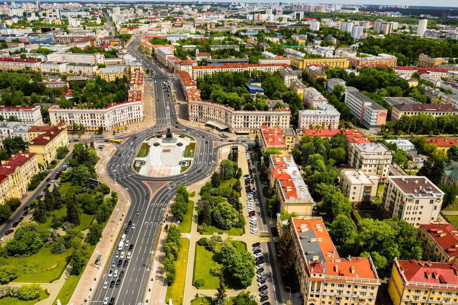 Top view of Victory square in Minsk.Bird'seye view of the city of