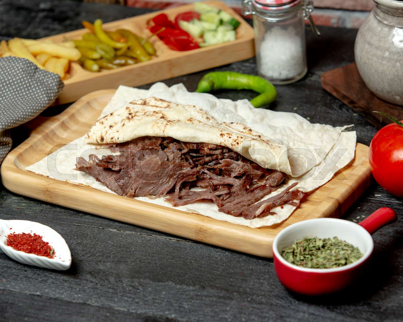 Beef doner slices served in flatbread Stock image Colourbox