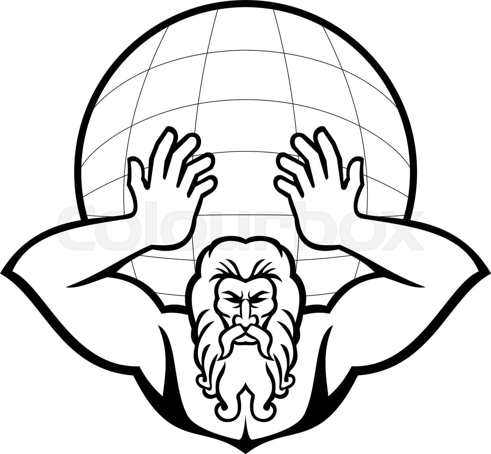 Atlas Holding Up World Front View Mascot Black and White | Stock vector