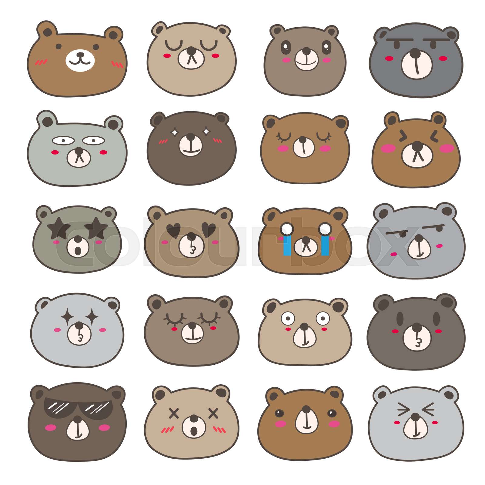 Set of bear face emoticons, Cute bear character design. Vector