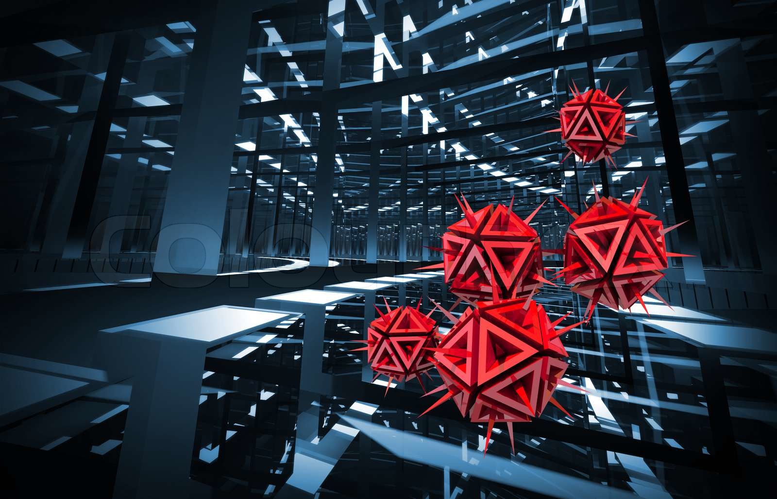 ComputerVirus Abbildung mit roten scharfen Gegenständen in die dunklen