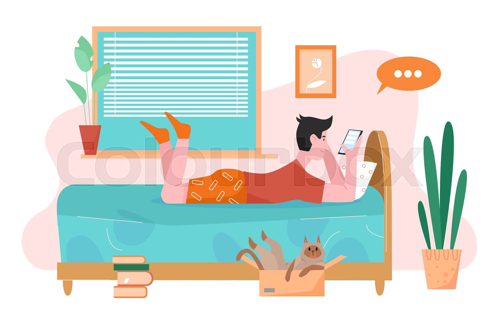 People with phone flat vector illustration, cartoon happy boy teenager