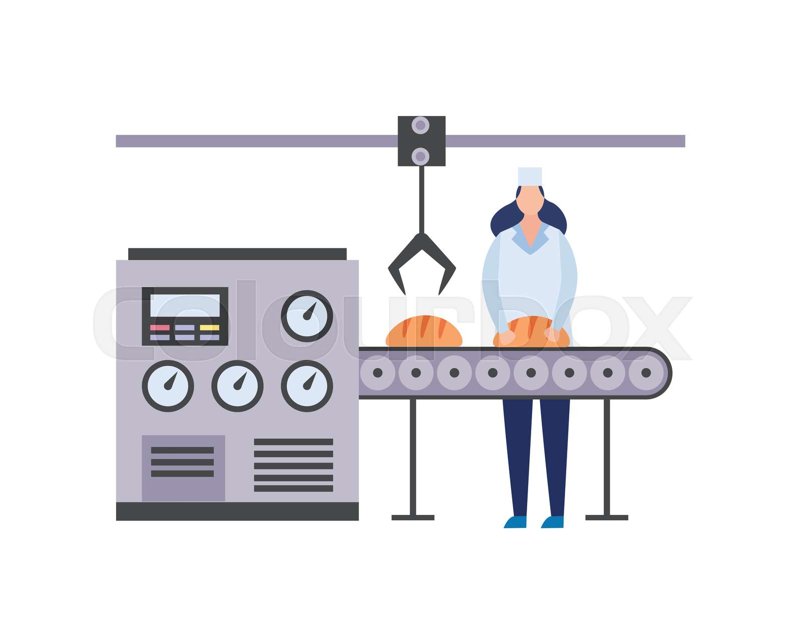 Food factory bakery equipment with worker flat vector illustration