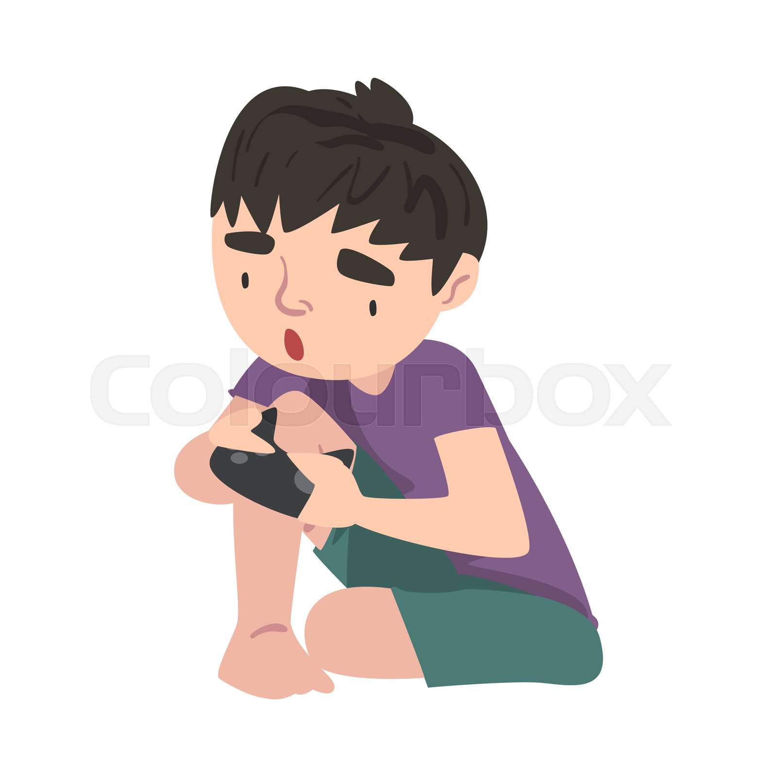 Cute Boy Sitting on Floor with Joystick, Teenage Kid Playing Video Game
