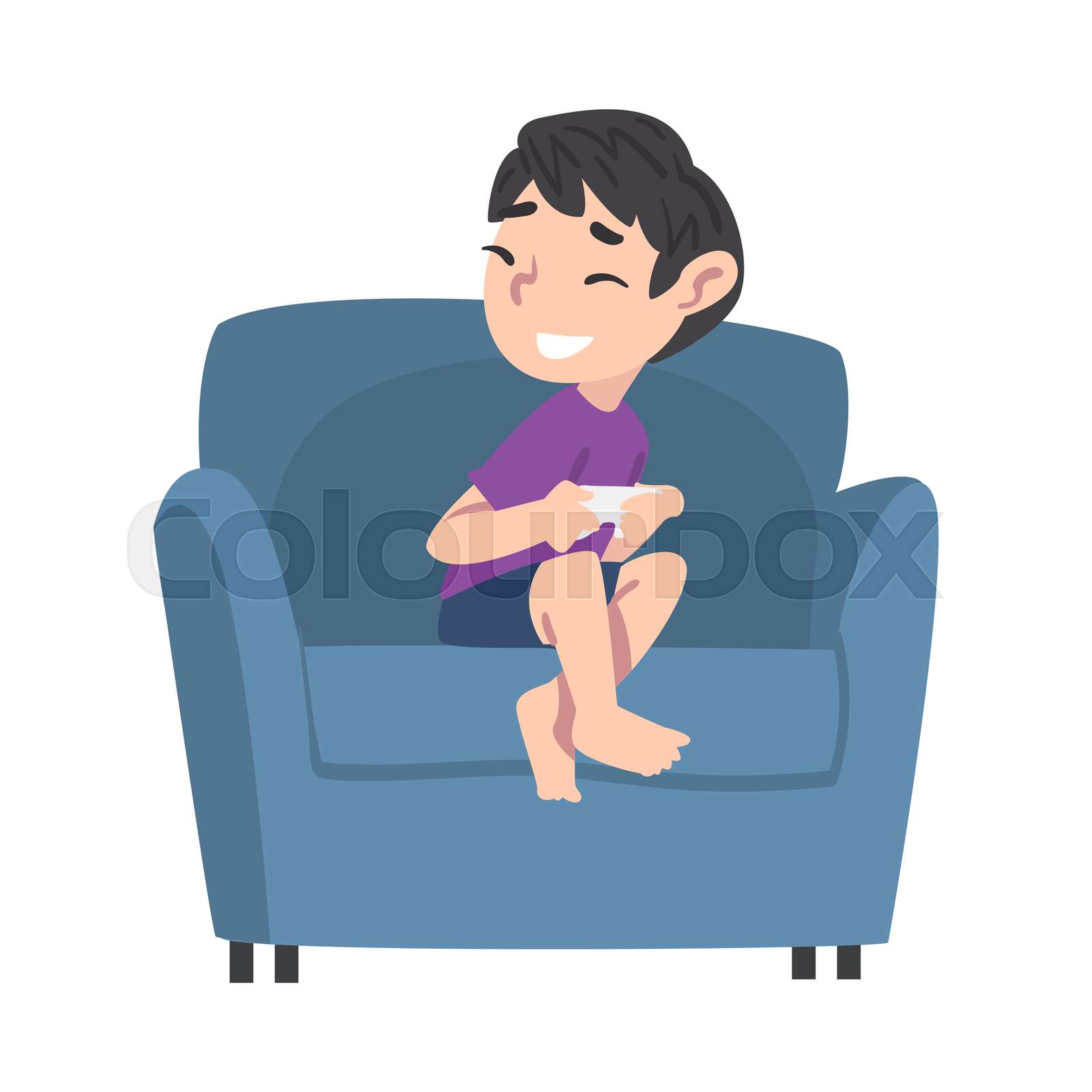 Smiling Boy Sitting on Armchair with Joystick, Teenage Kid Playing